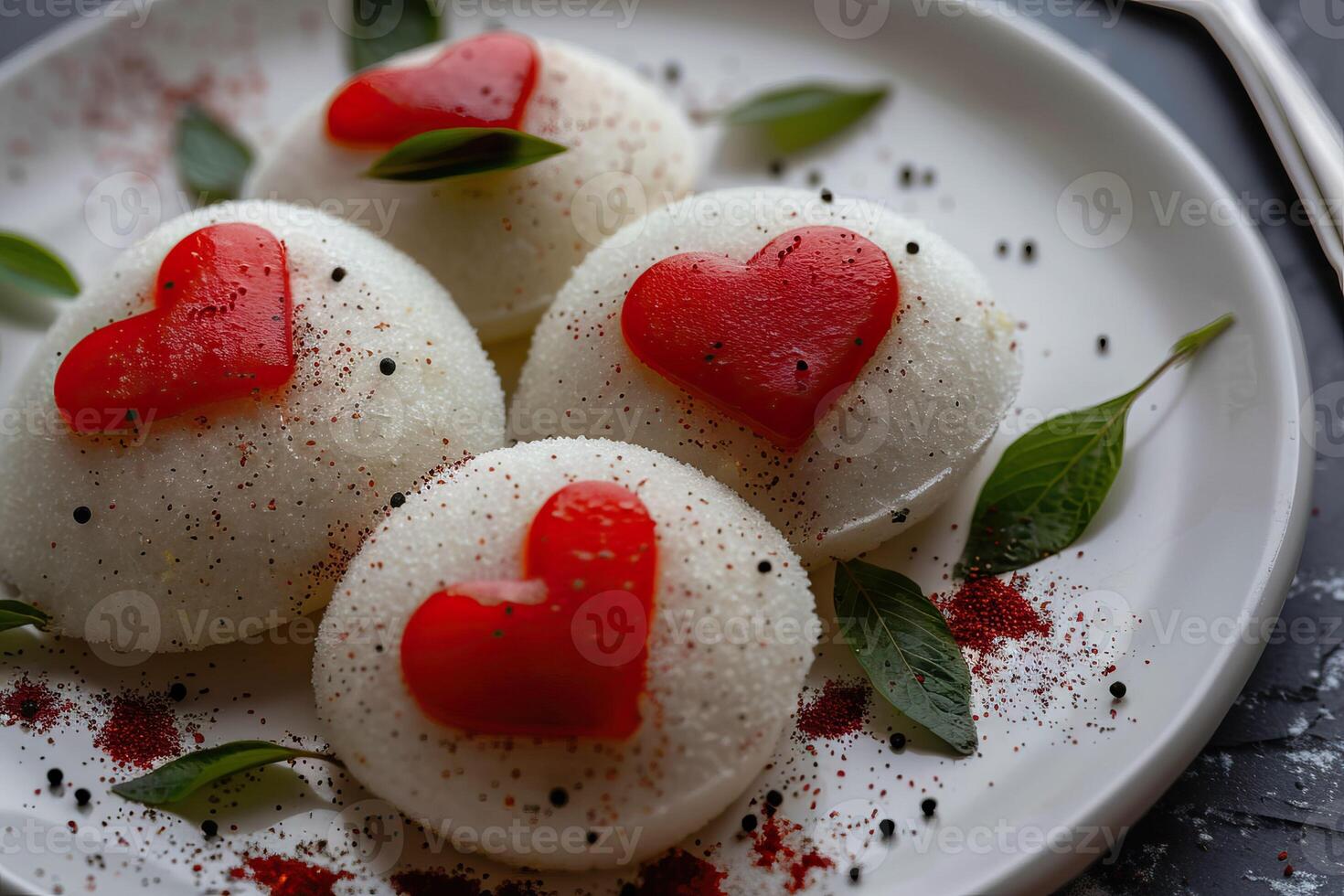 AI generated Valentines Day special South Indian idli with love hearts. photo