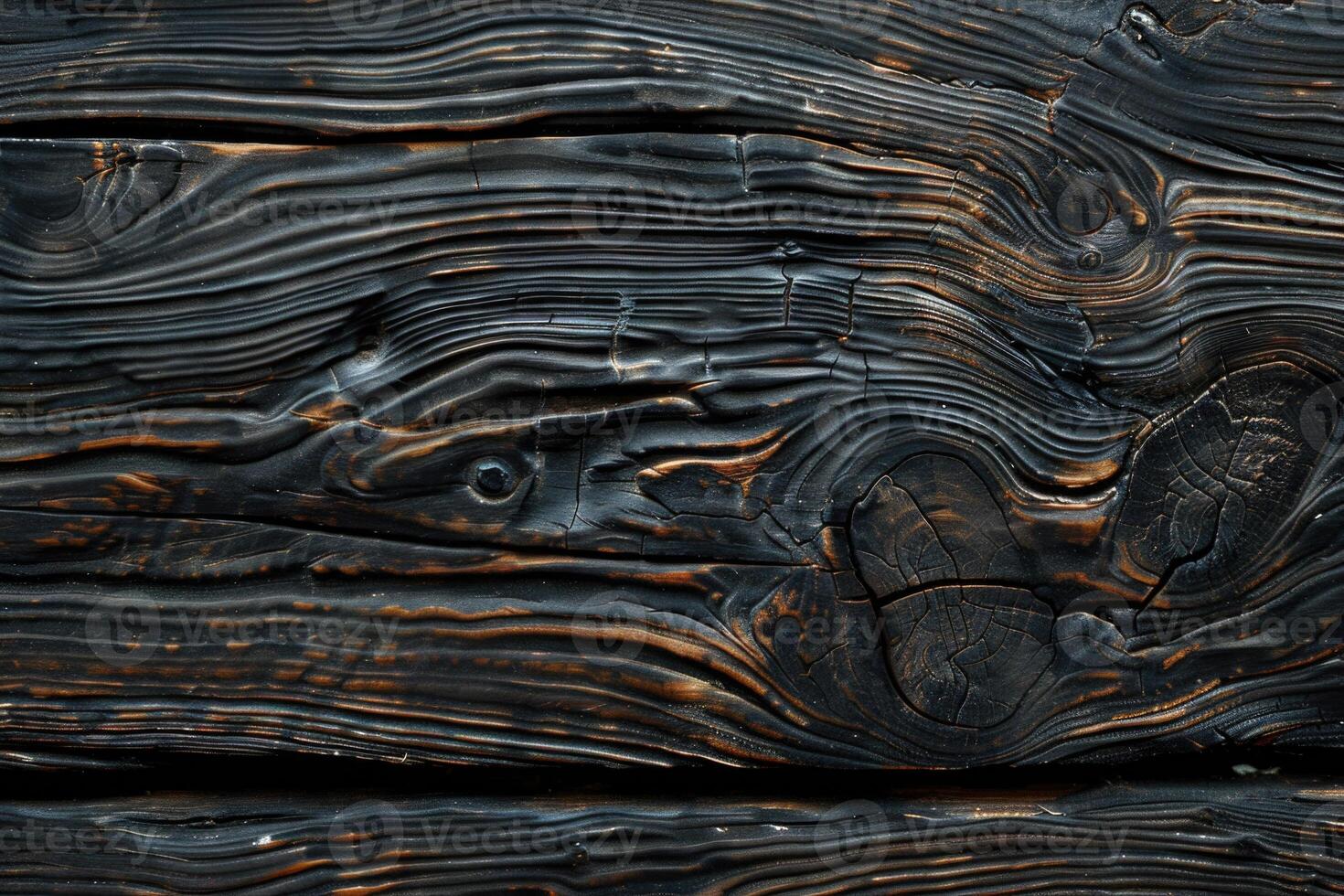 AI generated Texture of charred black and dark brown wood with knots. photo