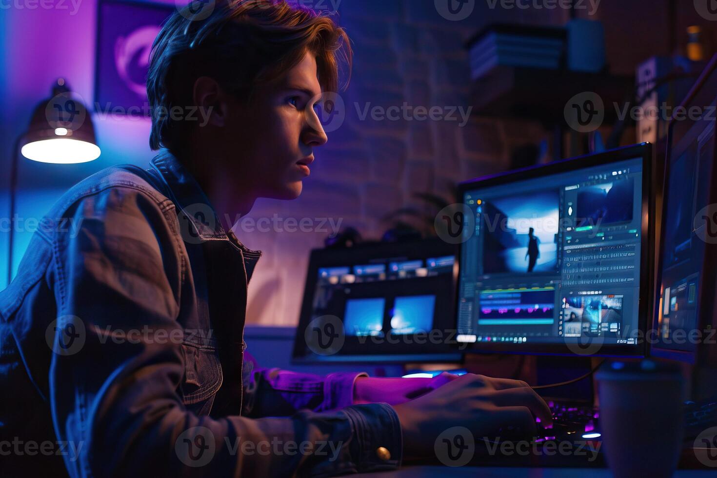 AI generated Film student creates movie with editing software and special effects. photo