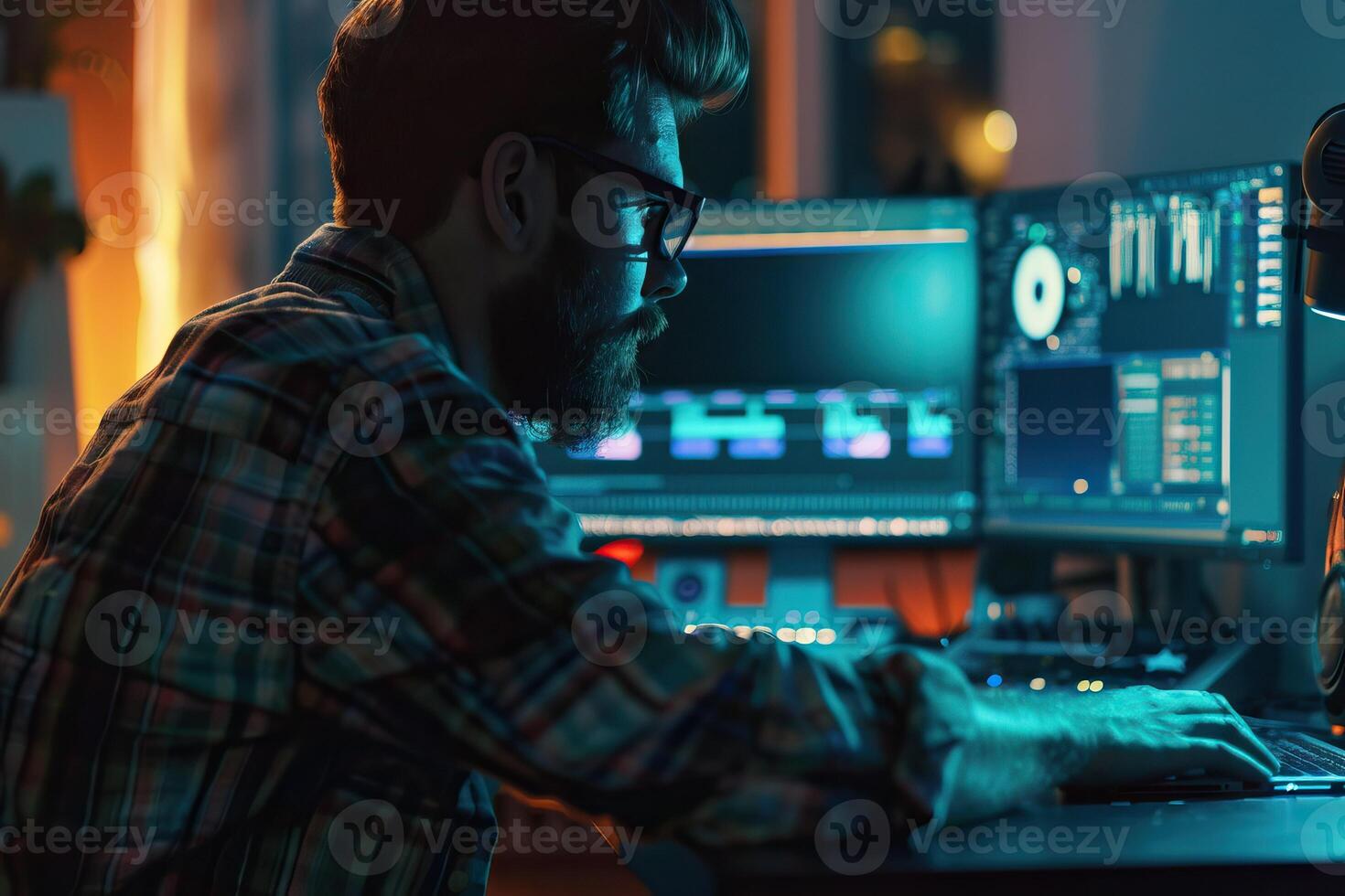 ai generado joven sonido ingeniero ediciones vídeo imágenes tarde a noche. foto