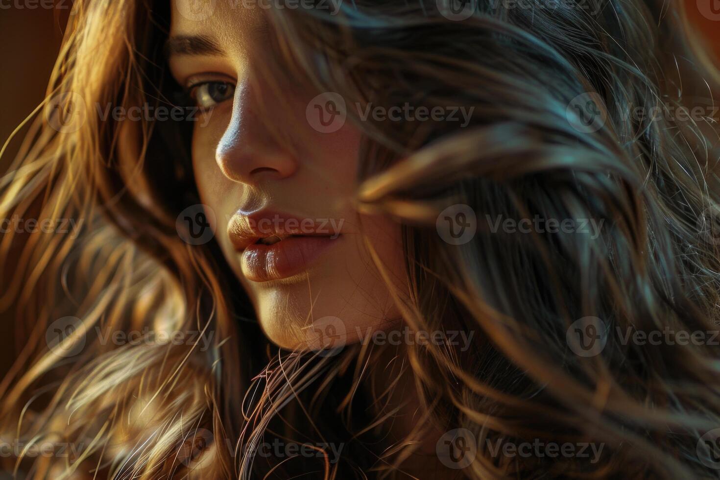 Beauty hair. Brunette girl portrait with long shiny wavy hair photo