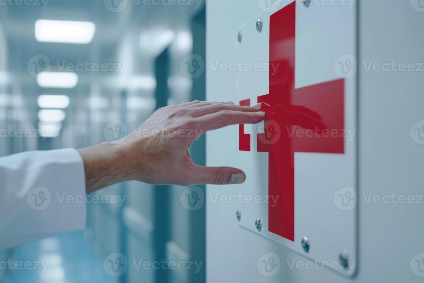 AI generated Doctor hand touching first aid sign  Doctor hand touching first aid sign photo