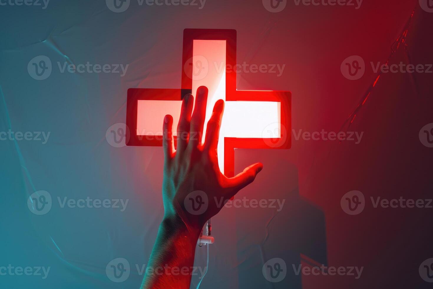 AI generated Hand touching first aid sign in abstract medical background. photo