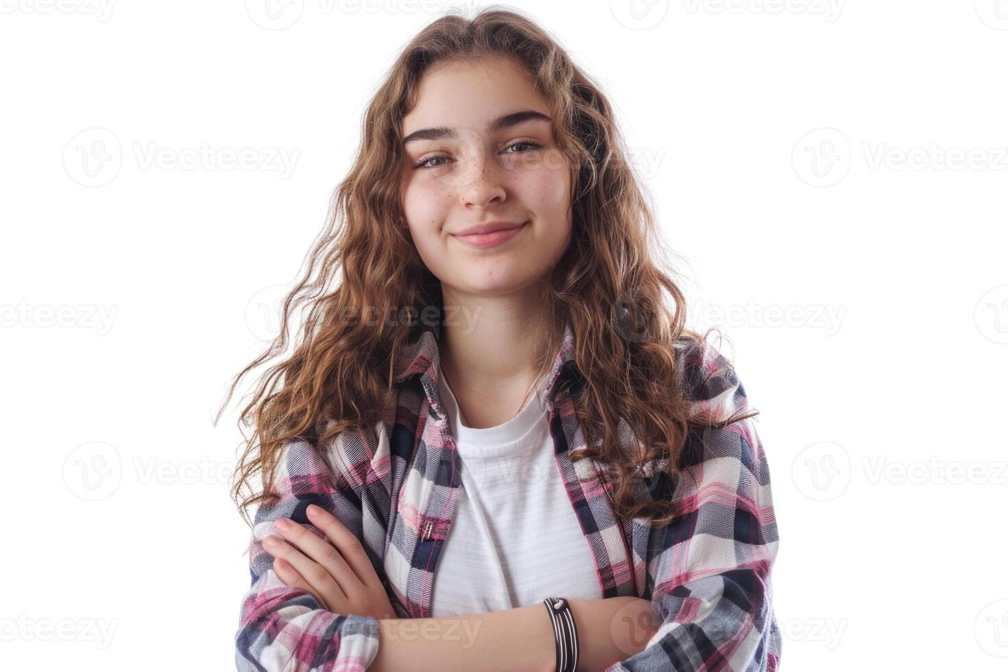 AI generated Happy young student girl with folded arms isolated on white background photo