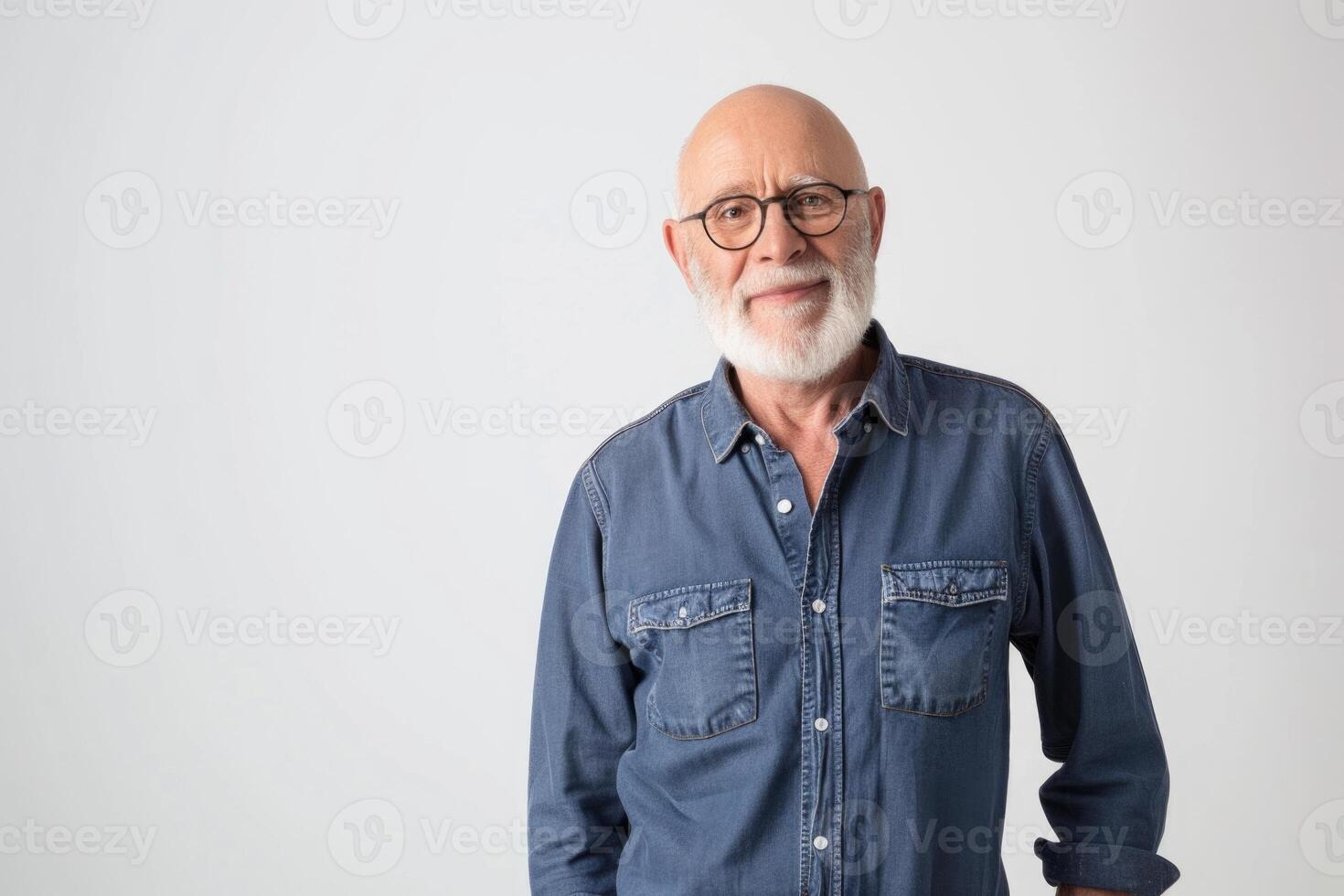 ai generado retrato de sonriente maduro hombre en pie en blanco antecedentes. foto