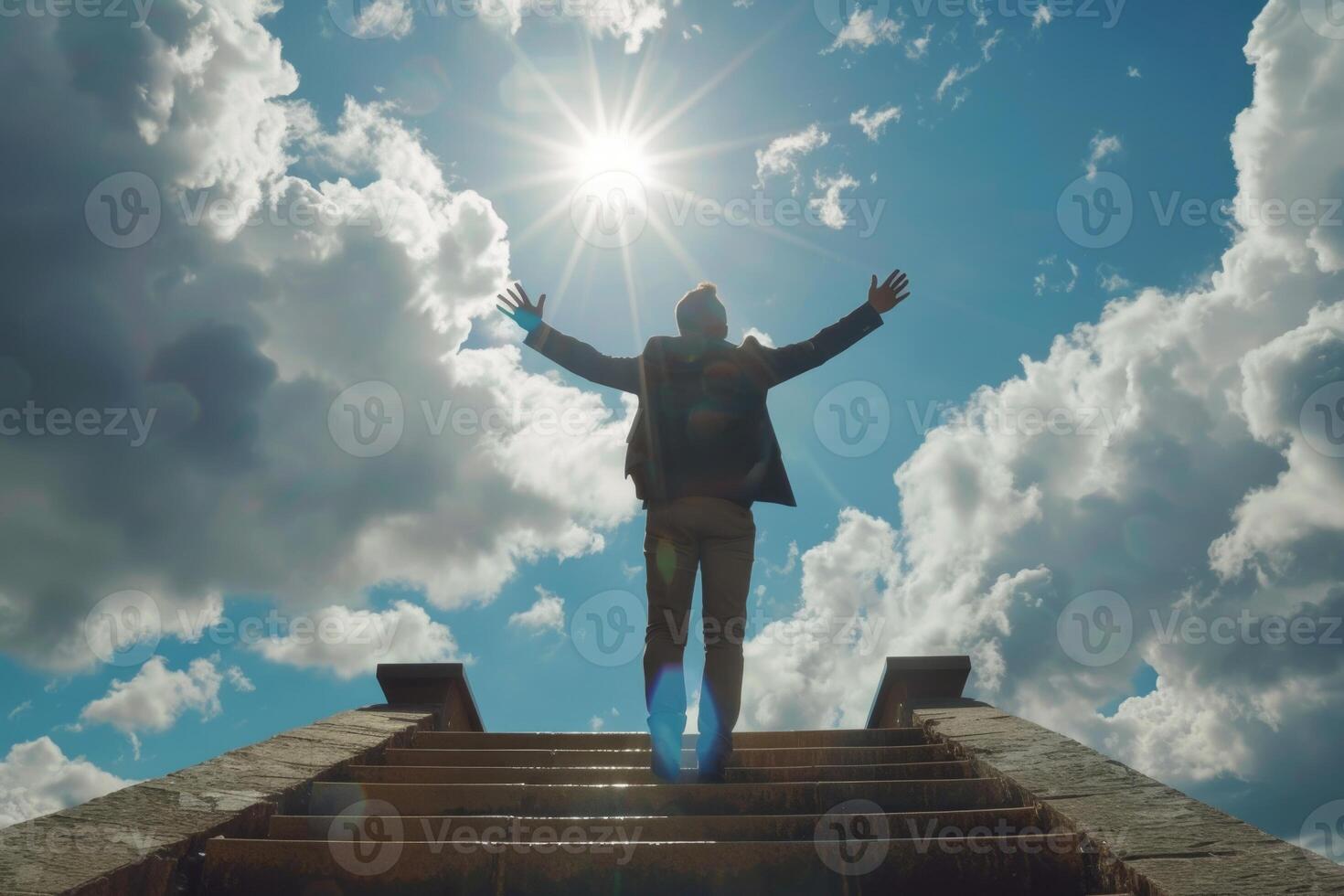 ai generado posterior ver empresario aplausos en parte superior de hormigón escalera con nublado cielo y luz de sol foto