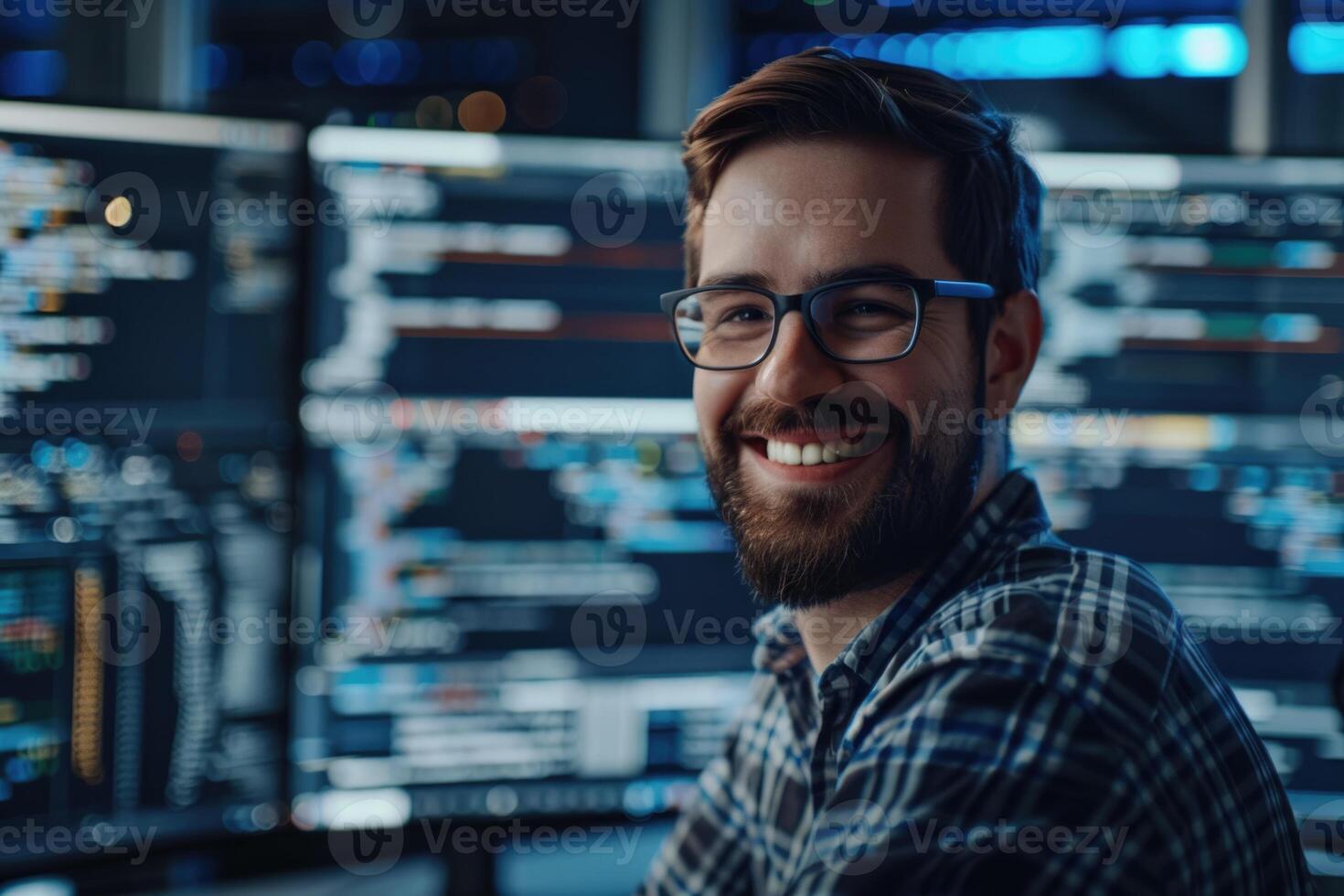 ai generado Listo a detectar. alegre profesional eso hombre sonriente y codificación mientras siendo involucrado en trabajo foto