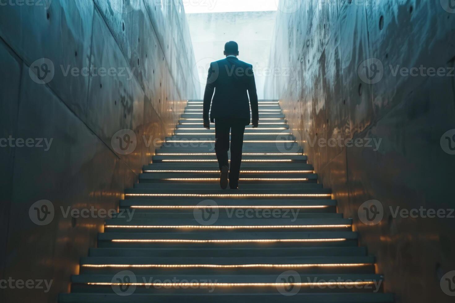 AI generated Rear view businessman climbing on stairs with spot lighting and concrete background photo