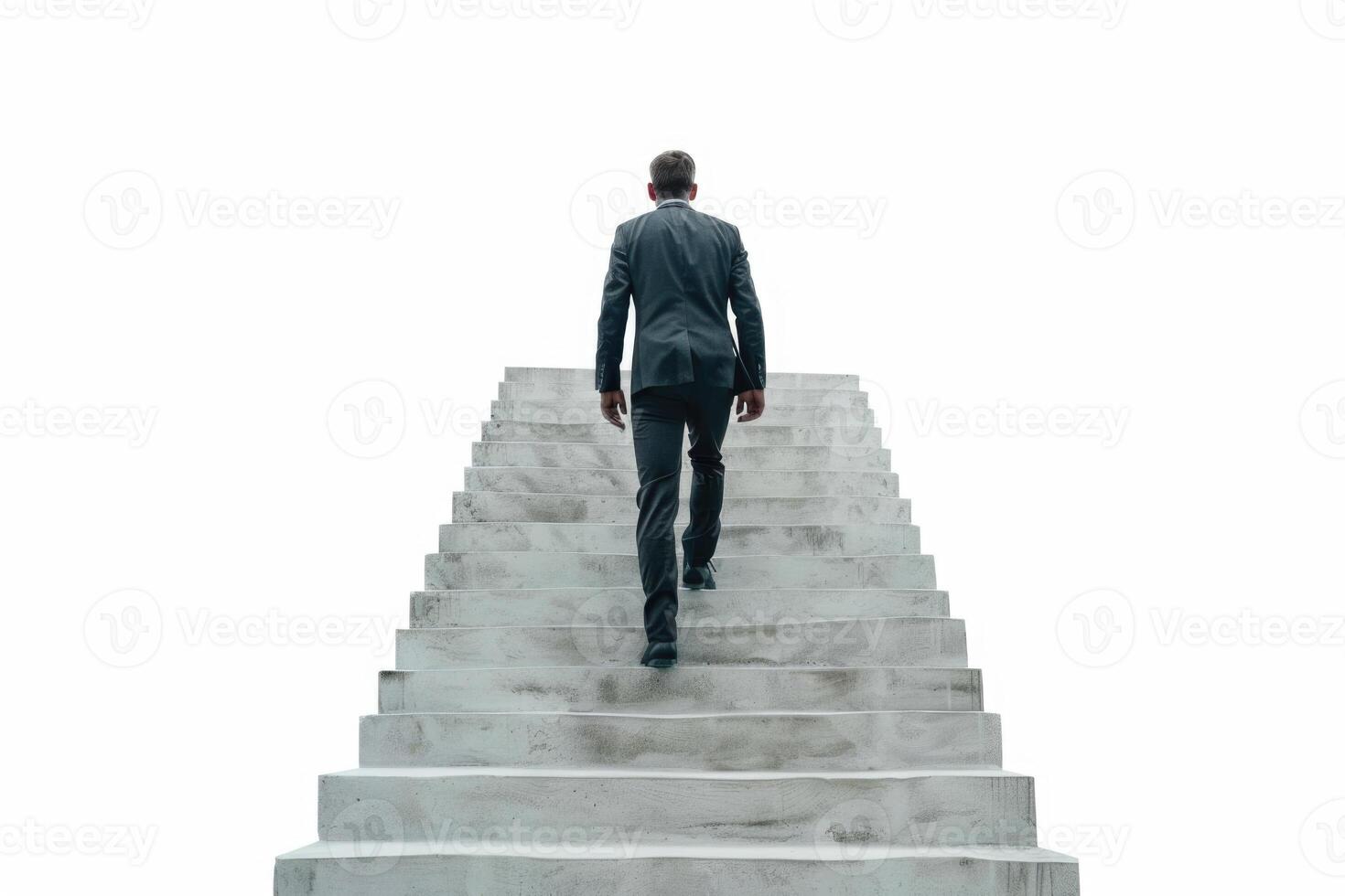 AI generated Rear view businessman climbing on stairs isolated in white background photo