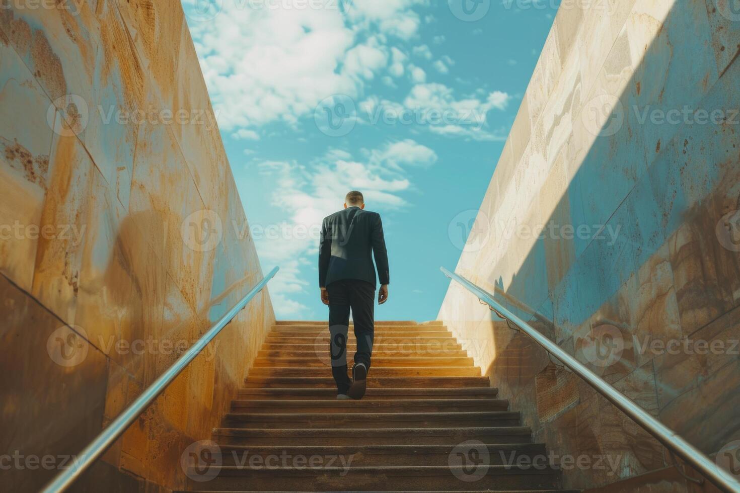 AI generated Businessman climbing stairs towards success. photo