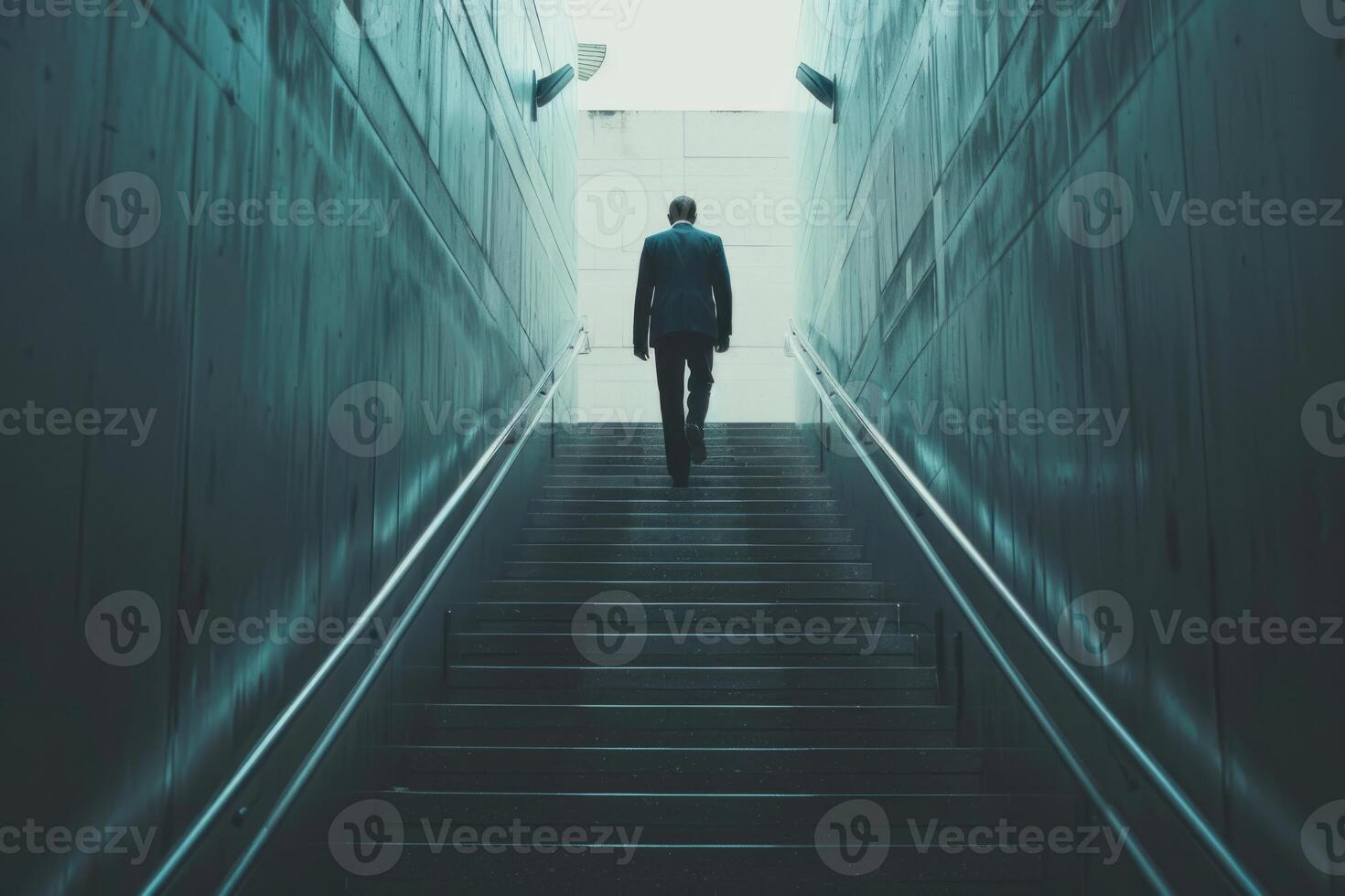 AI generated Businessman climbing stairs towards success. photo