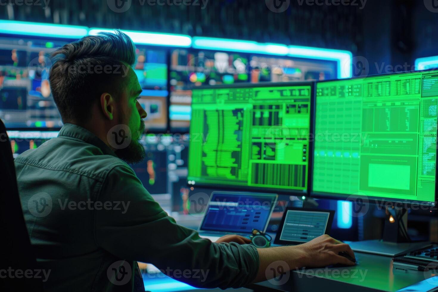 AI generated Male IT programmer working on computer in data center ...