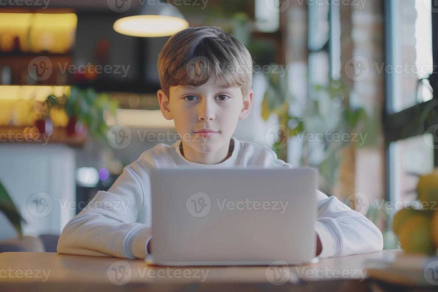 AI generated Smart boy uses laptop for computer science project. photo