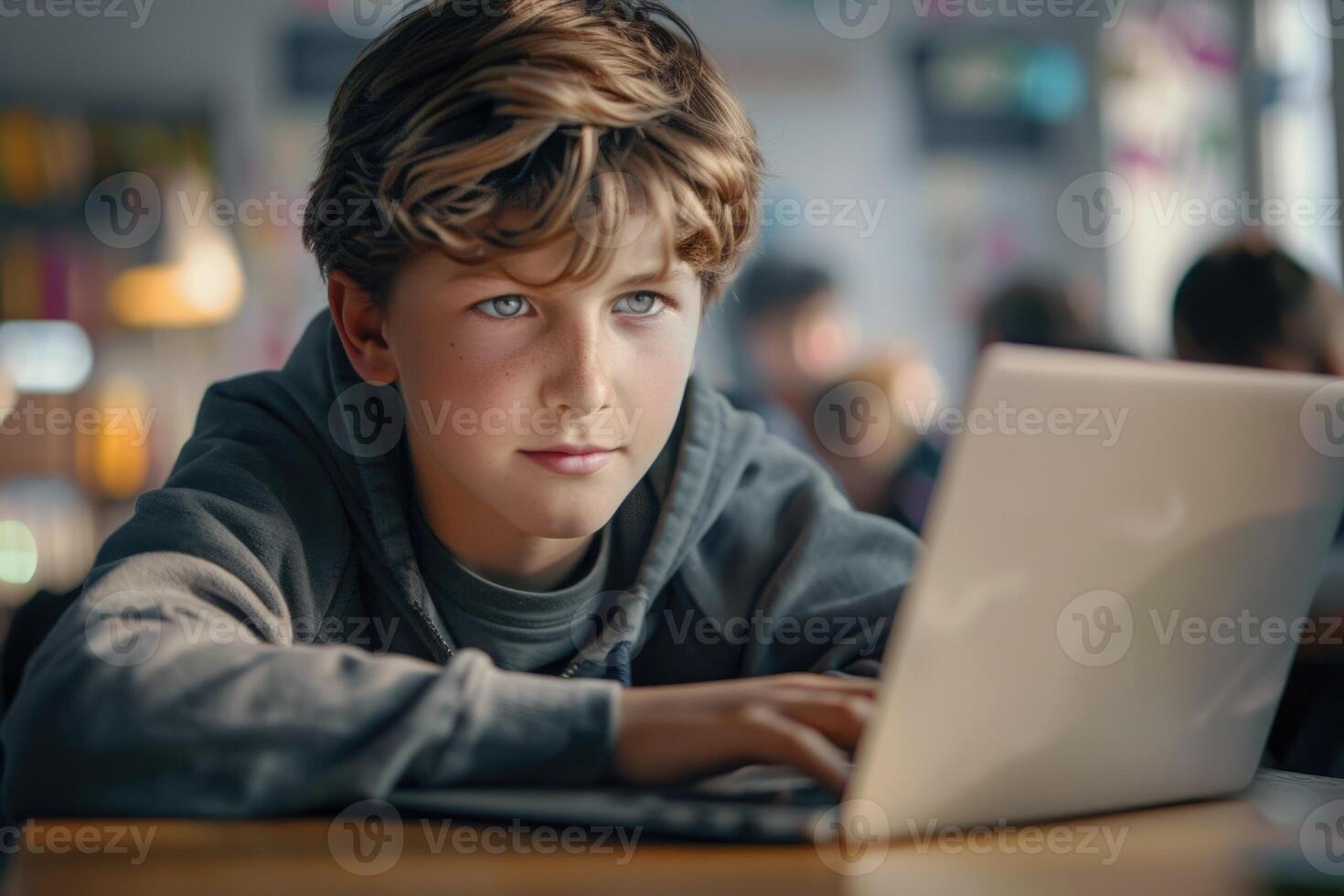 AI generated Smart boy uses laptop for computer science project. photo