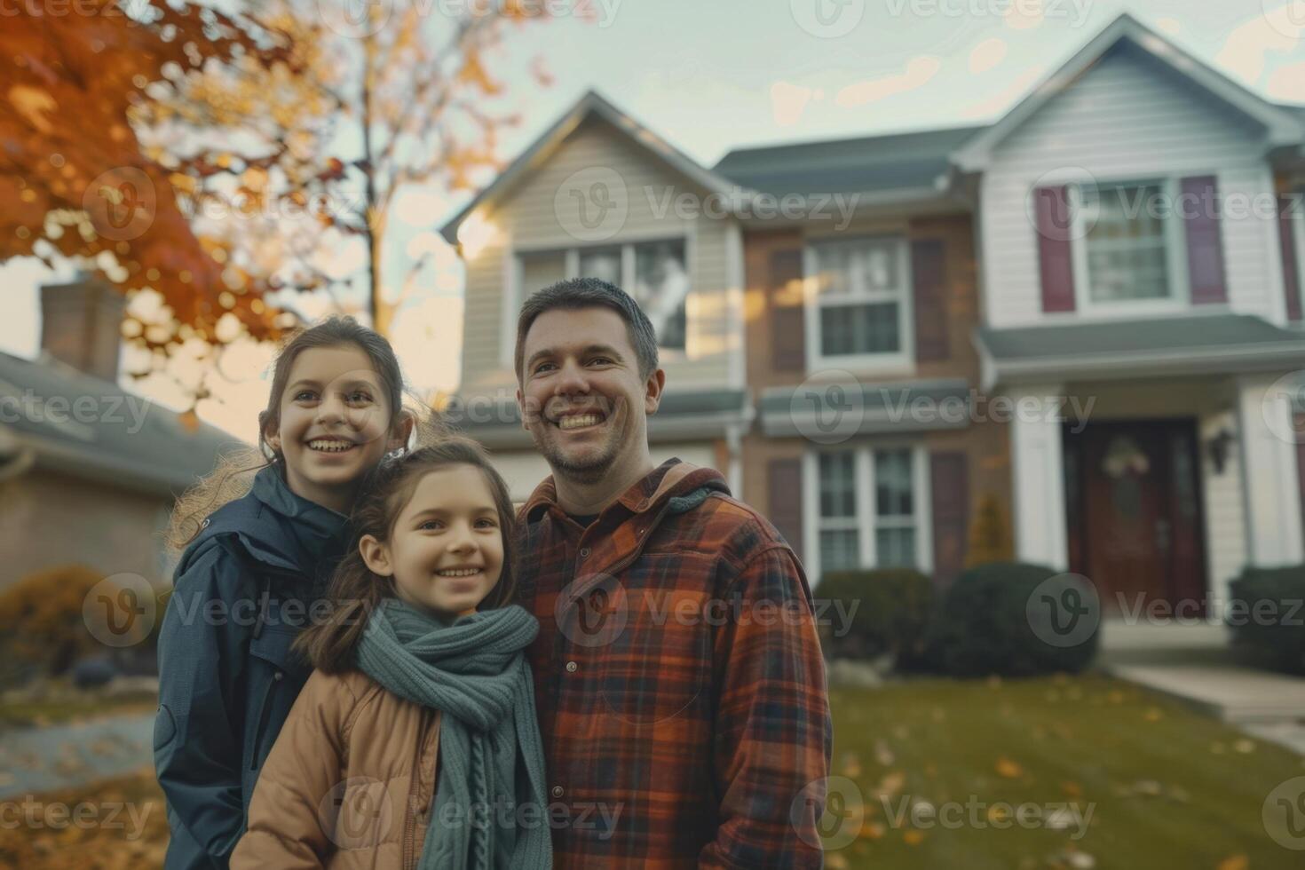 AI generated Smiling family enjoying near house photo