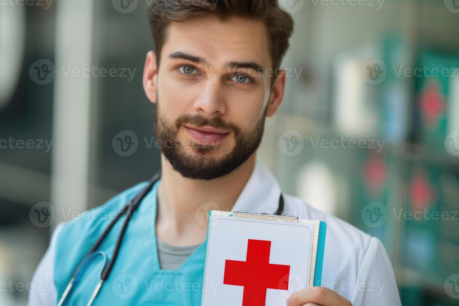 ai generado masculino médico con primero ayuda símbolo en cuidado de la salud ajuste. foto