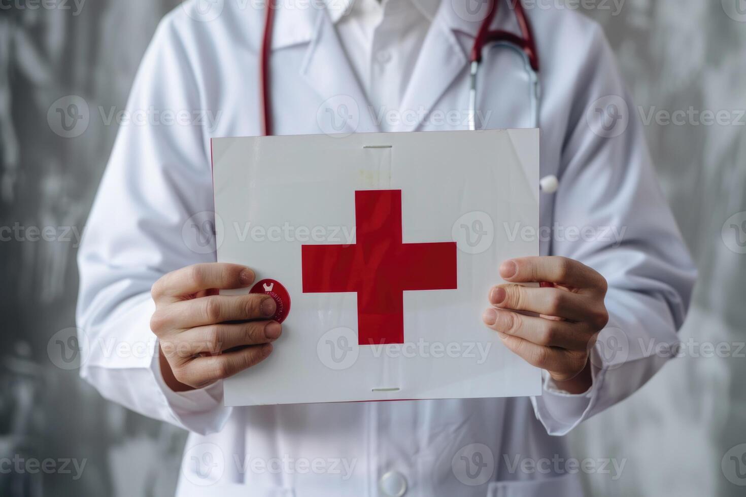 AI generated Male doctor with first aid symbol in healthcare setting. photo