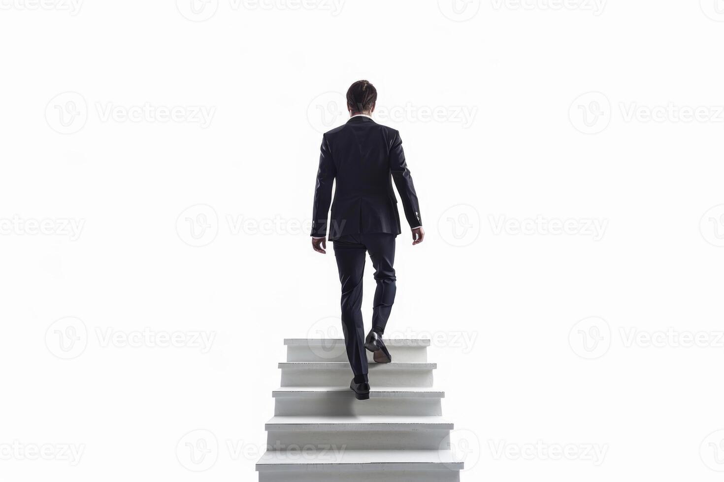 AI generated rear view businessman walking on money stairs isolated in white background photo