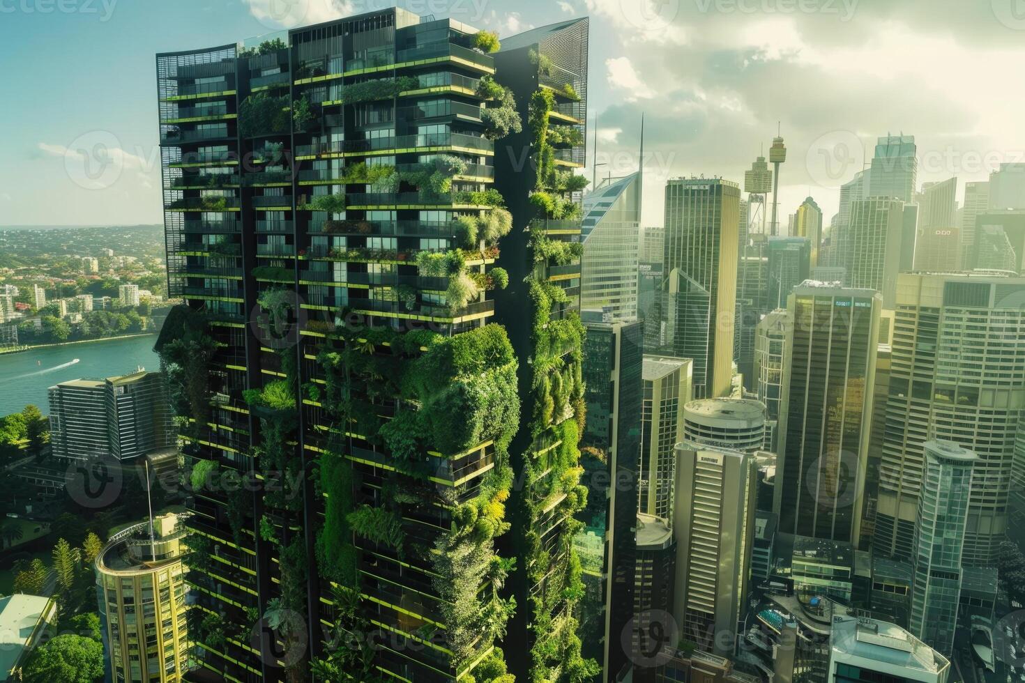 Eco friendly skyscraper with plants in urban setting  Sydney  Australia. photo