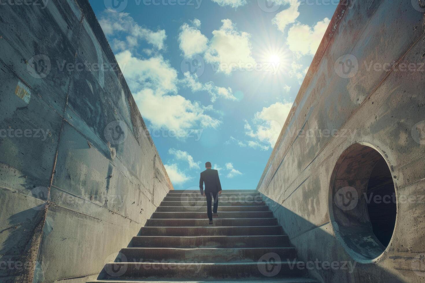 AI generated Businessman climbing stairs to keyhole in concrete wall. photo