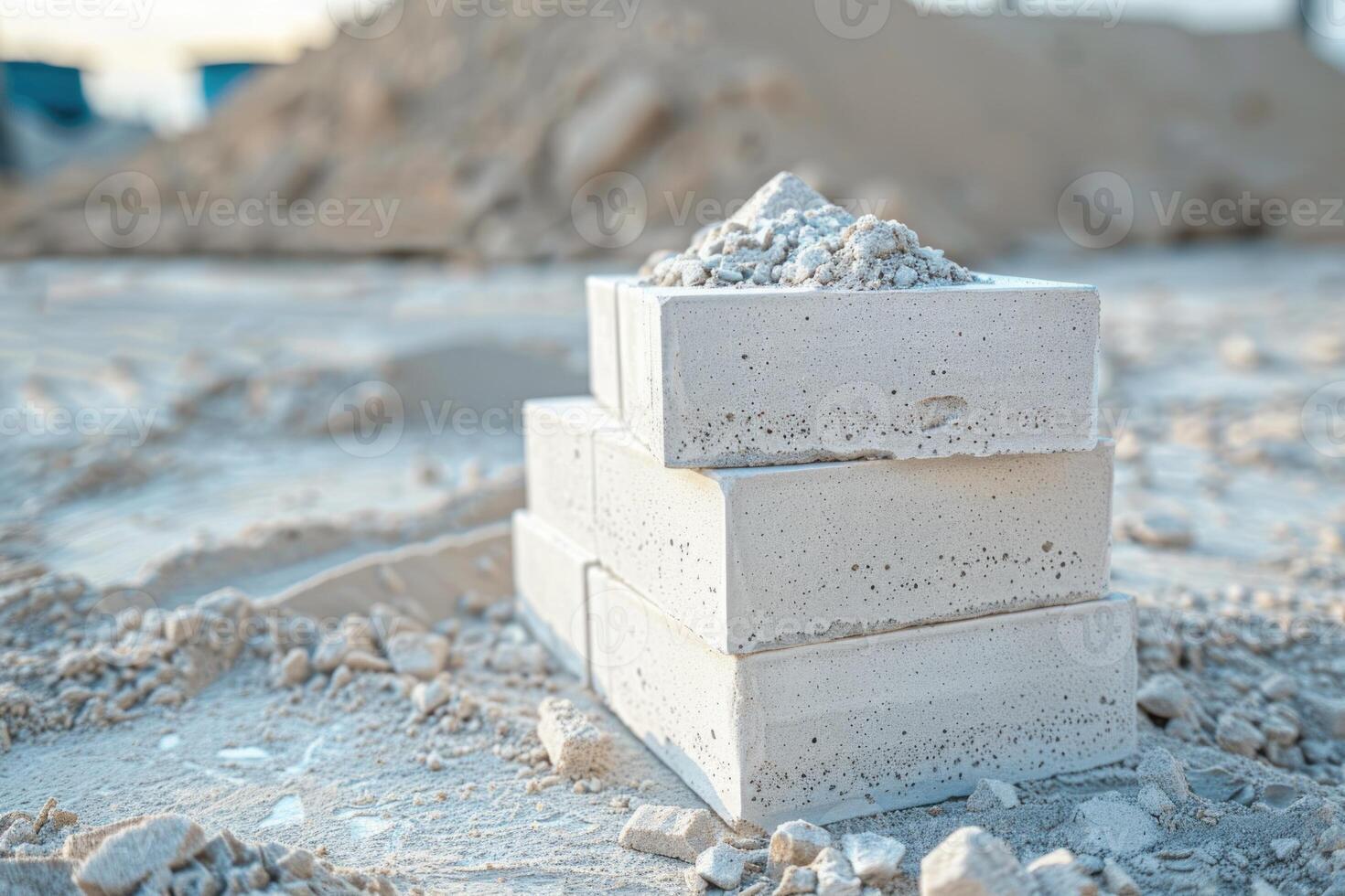 AI generated White brick stack with sand pile in background. photo