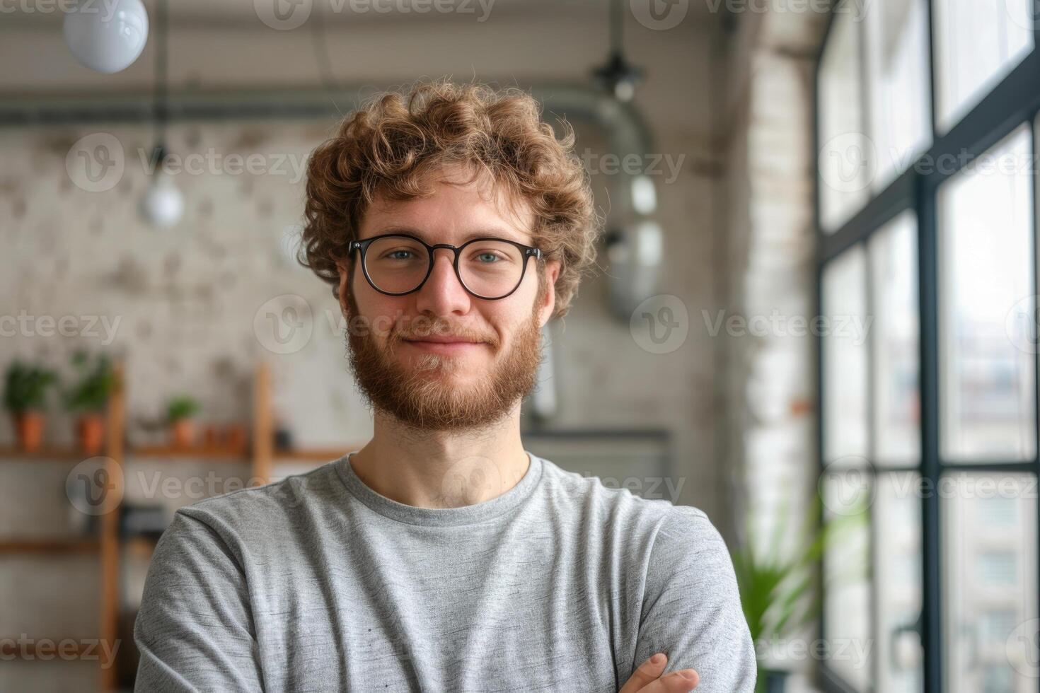 AI generated Geeky hipster in white room with windows smiling at camera. photo