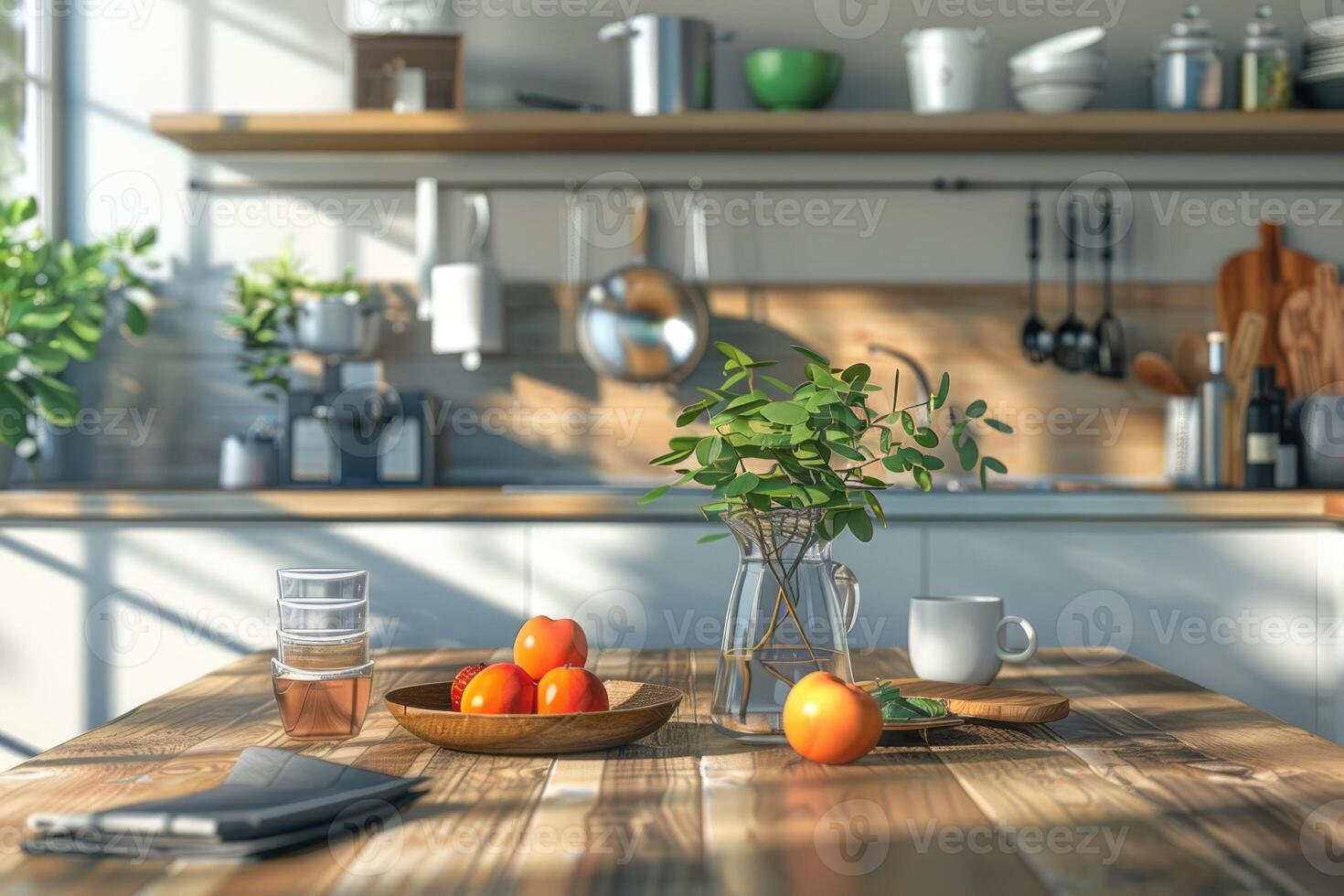 AI generated Kitchen and hotel interior with high resolution accessories. photo