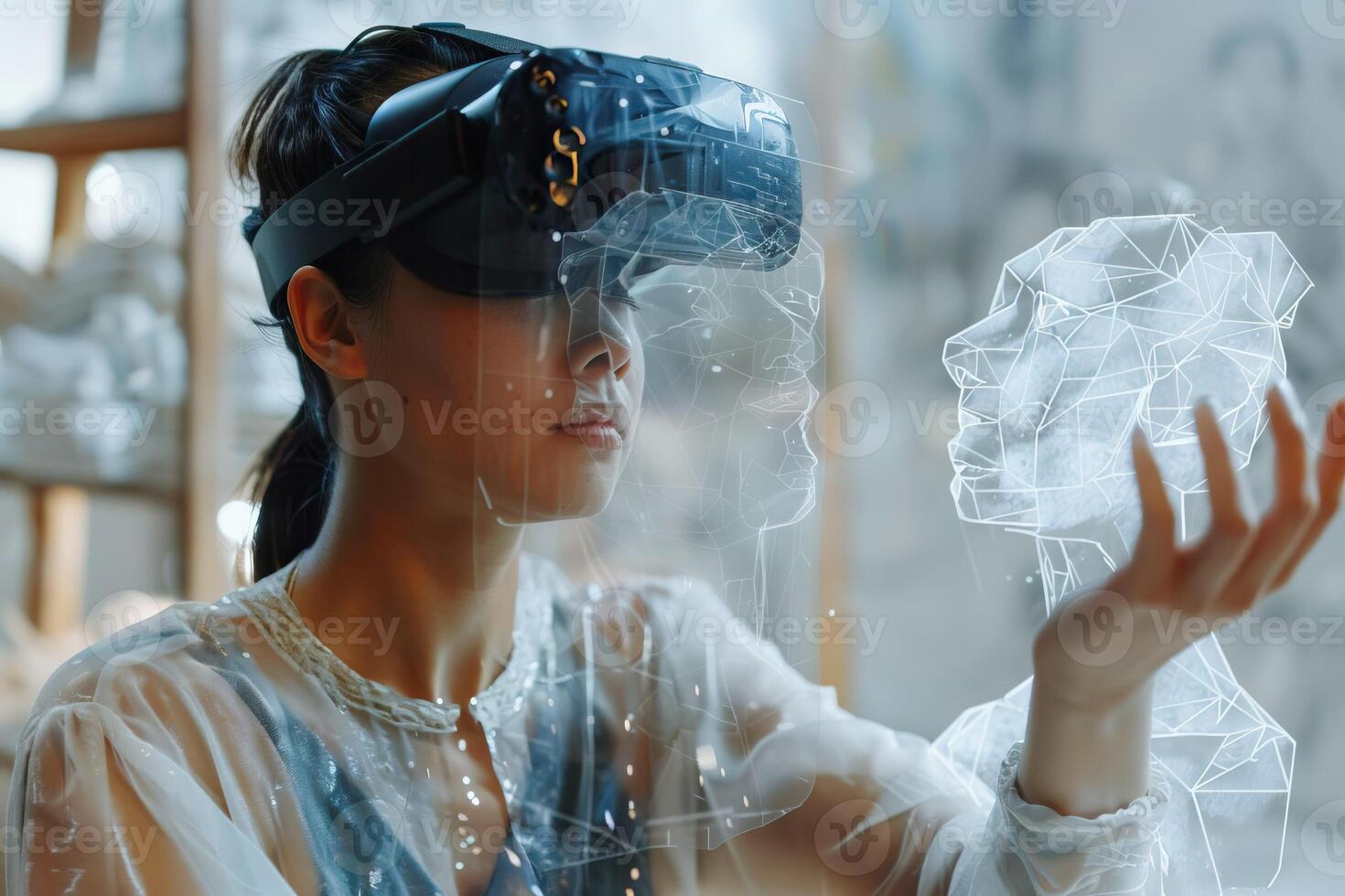 AI generated Female artist creates 3D art with augmented reality technology. photo