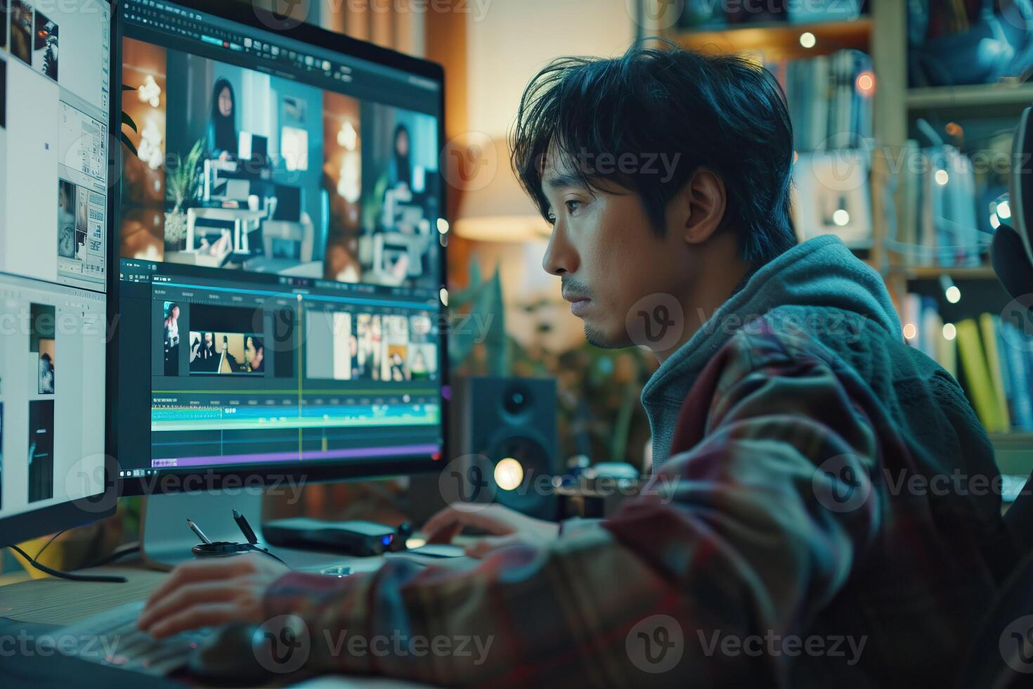 ai generado lado ver de casual confidente coreano hombre trabajando en computadora con vídeo edición y color corrección foto