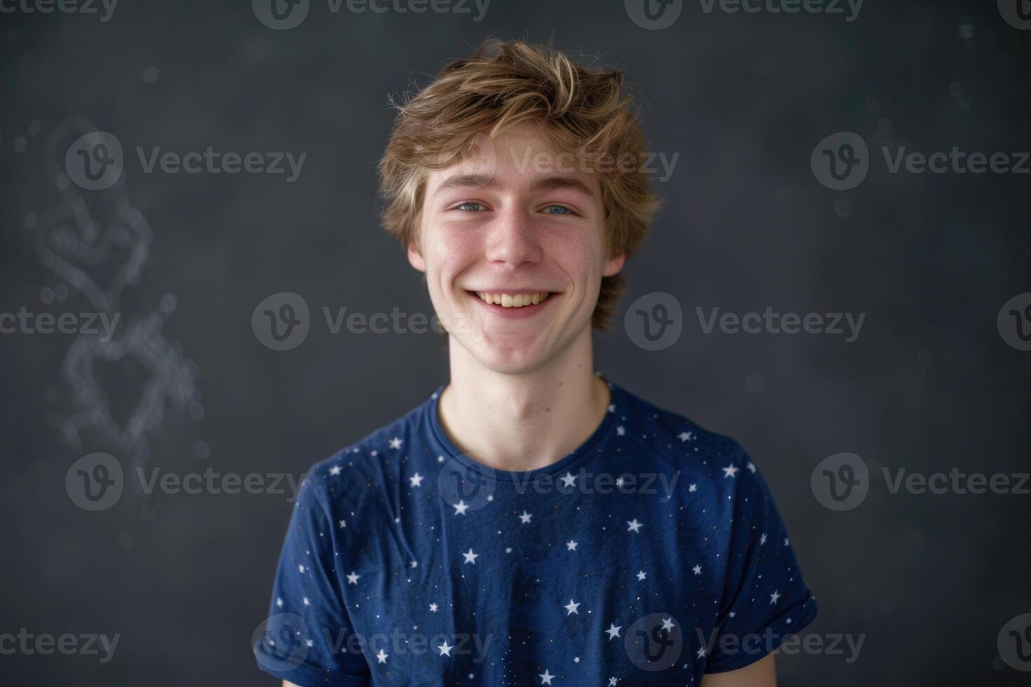 AI generated Young man in star print shirt smiling against dark background. photo