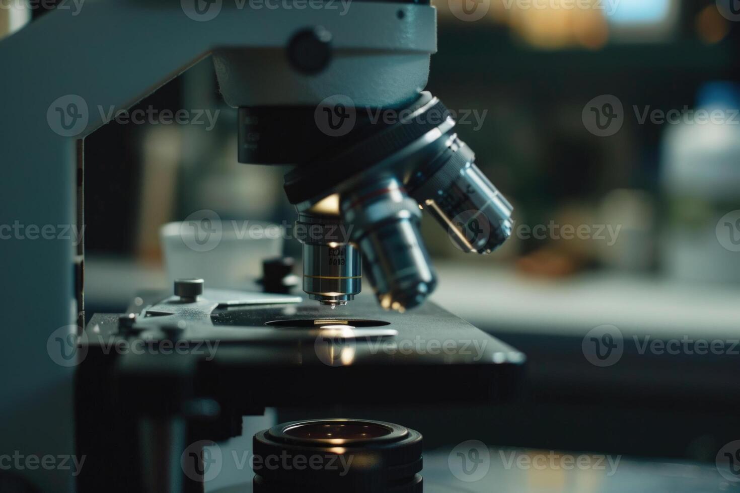 AI generated Microscope with metal lens in laboratory close up shot photo