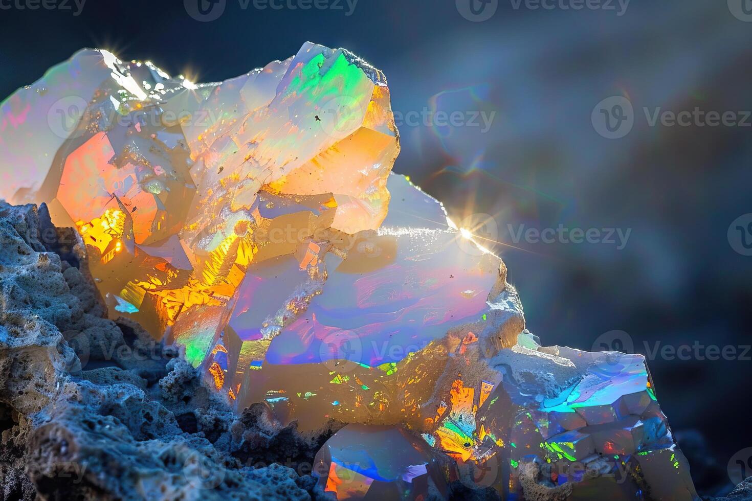 AI generated Close up iridescent multicolored welo opal on gray background photo
