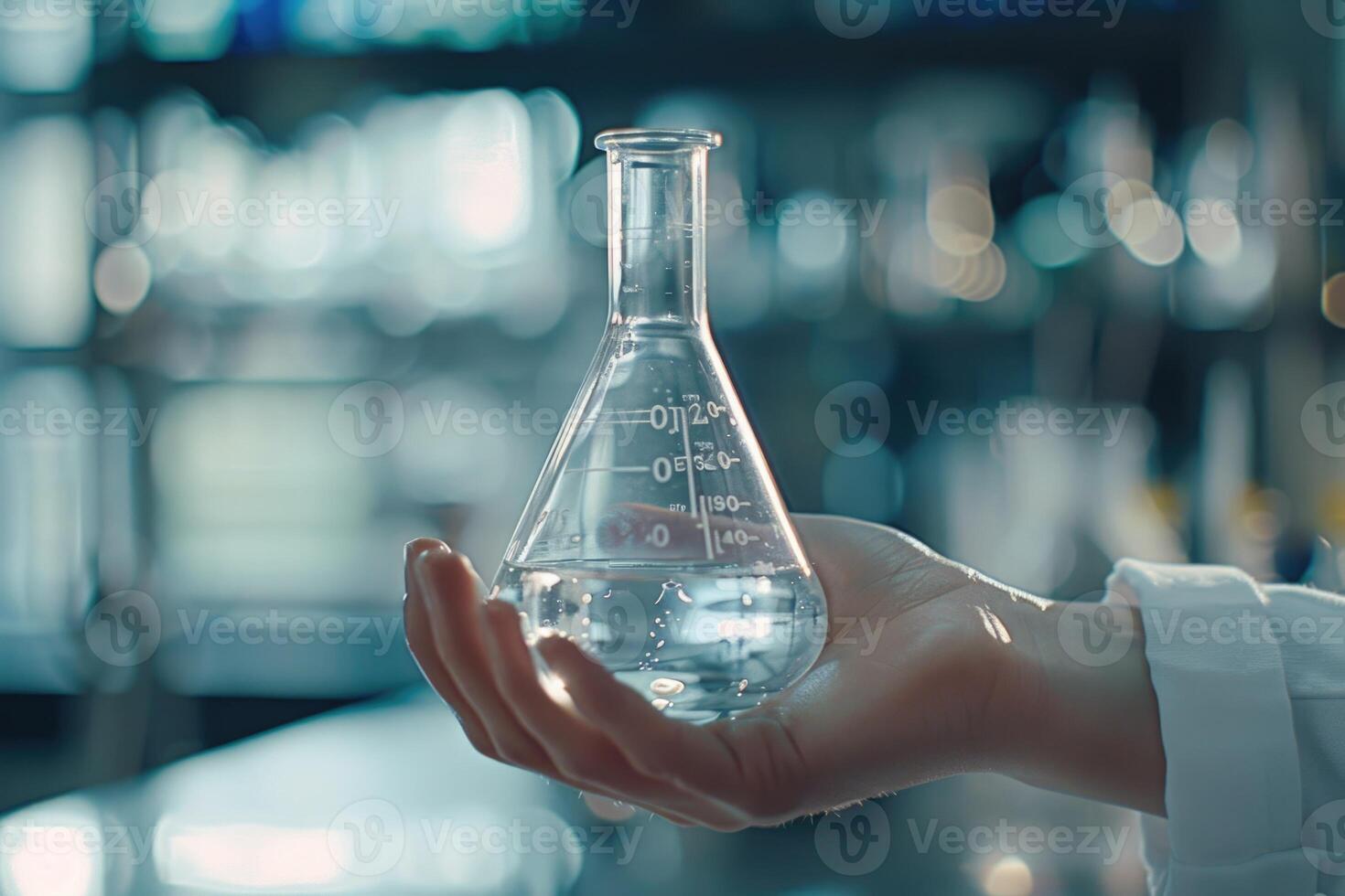 AI generated Conical flask in scientist hand with lab glassware background  Laboratory research concept photo