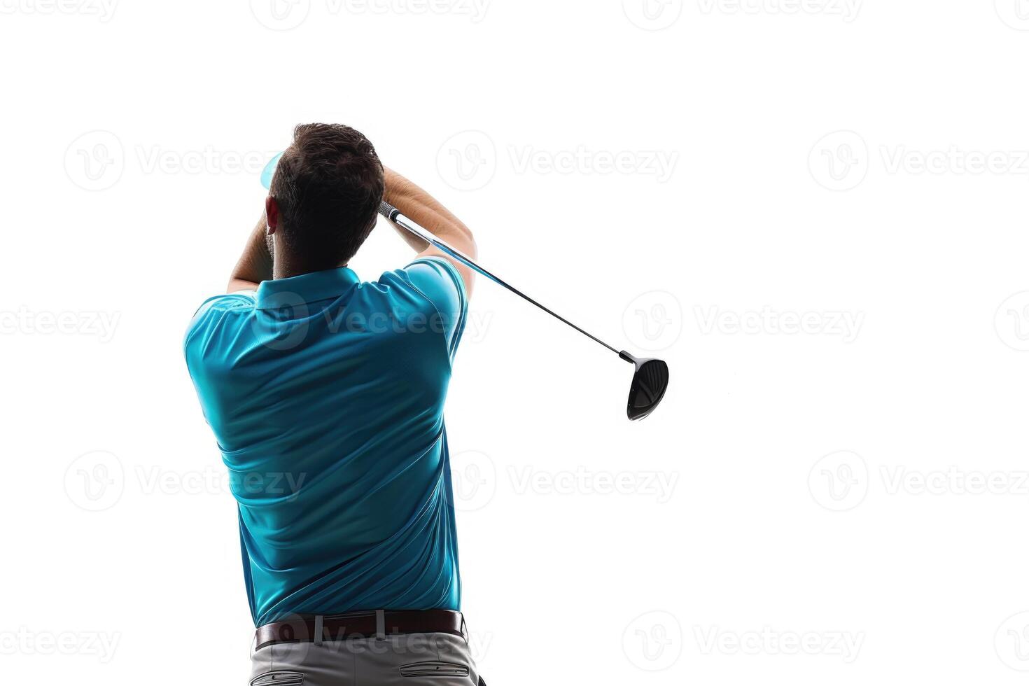 ai generado golfista en azul camisa balanceo en blanco antecedentes. foto