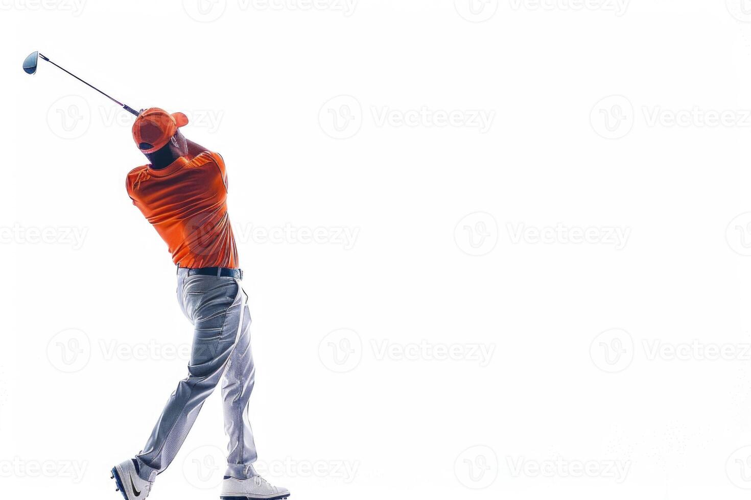 ai generado golf jugador en un naranja camisa tomando un columpio en un blanco antecedentes. foto