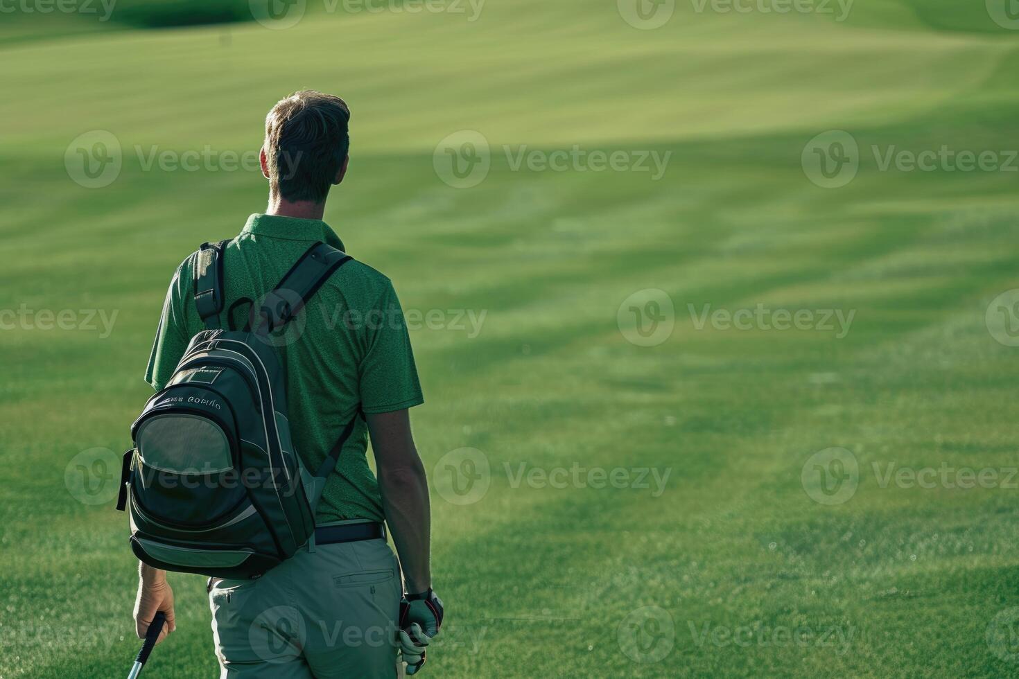 ai generado golf jugador en un verde camisa caminando con un bolso de golf clubs en su espalda en un golf curso. foto
