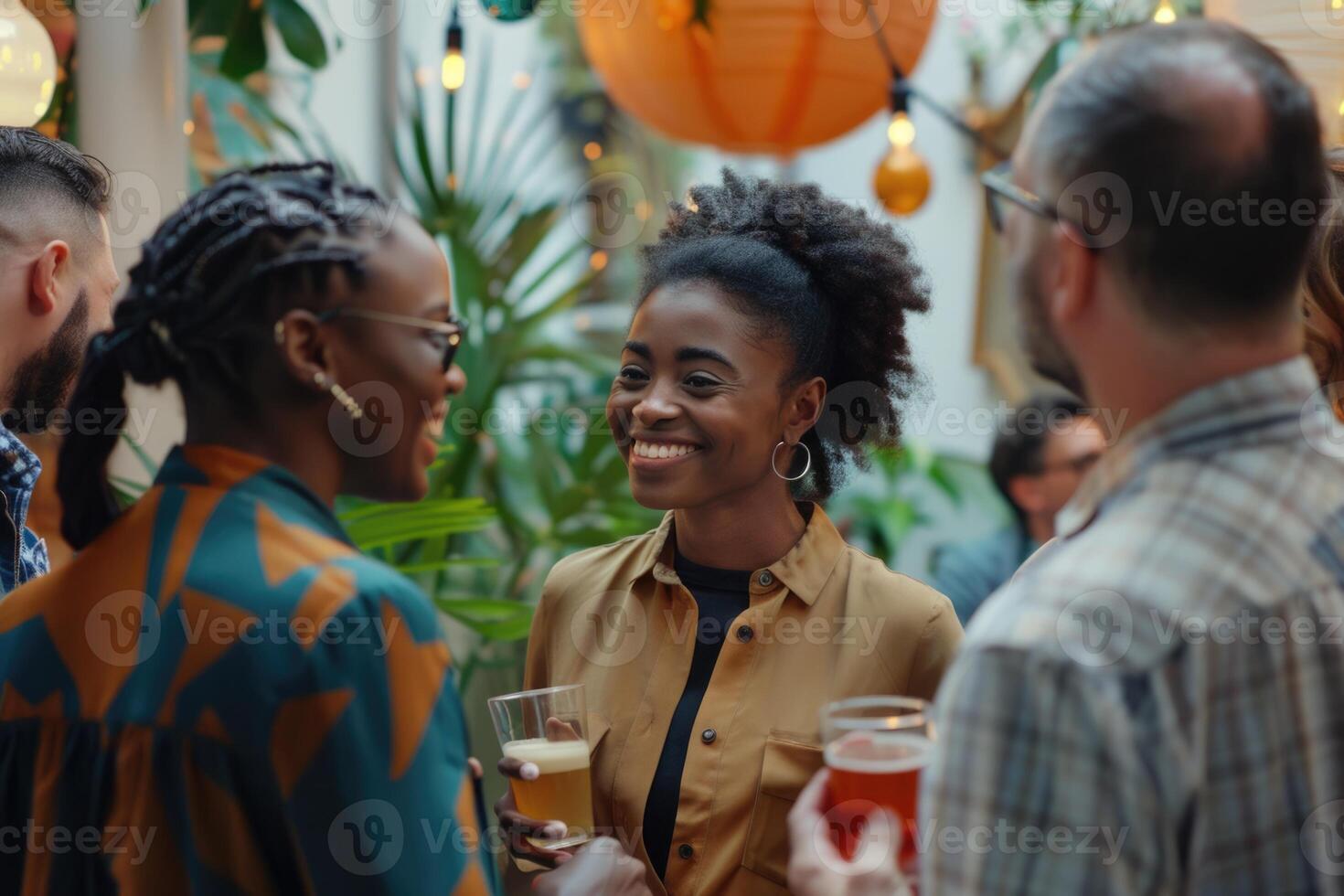 AI generated Diverse group meets at casual event  young woman shakes hands. photo