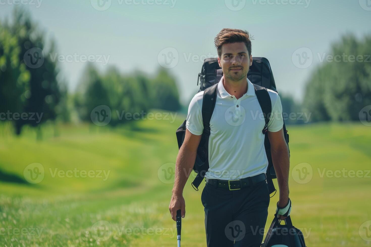 ai generado sonriente joven golfista en blanco camisa con golf bolsa. foto