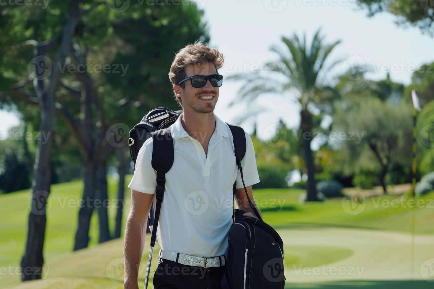 AI generated Smiling young golfer in white shirt with golf bag. photo