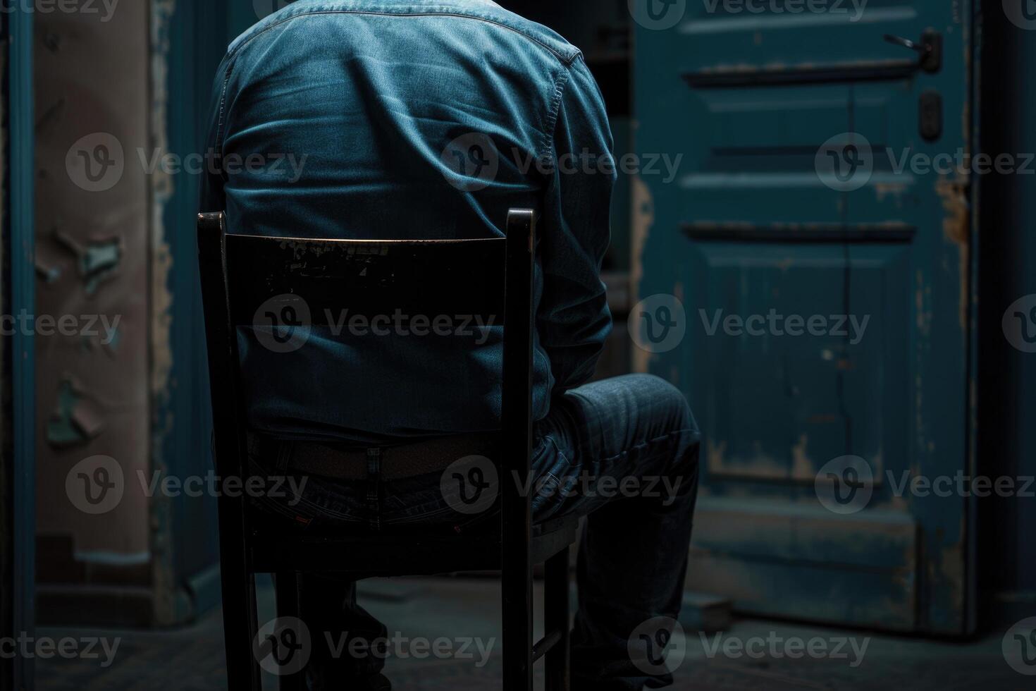 AI generated Man sitting on chair with dark wall in the background photo