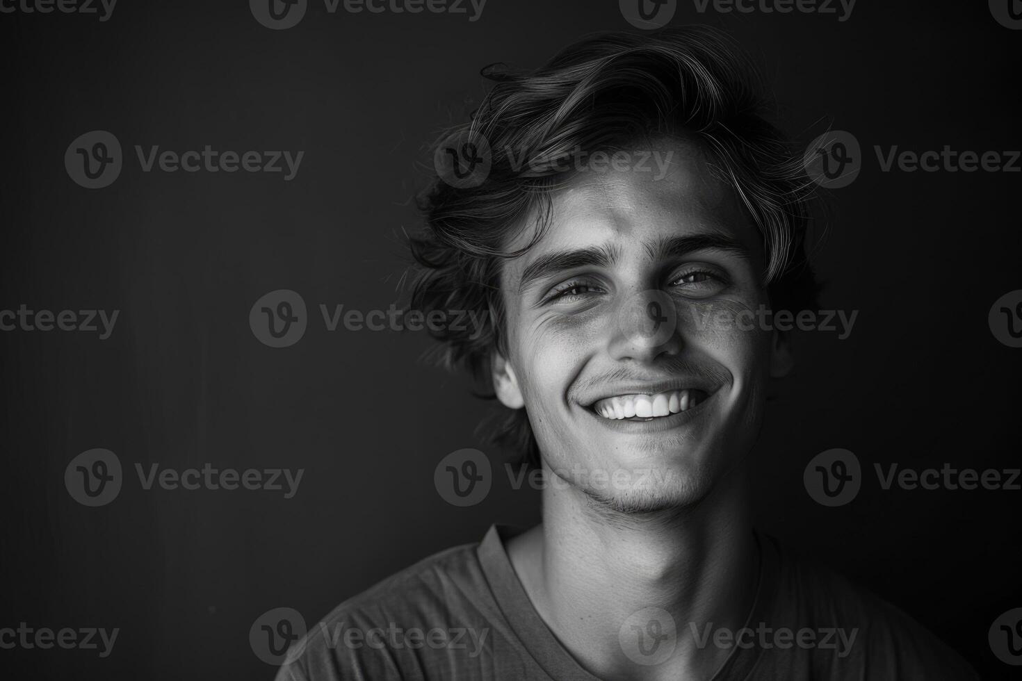 AI generated Monochrome portrait of young smiling Caucasian man on black background photo