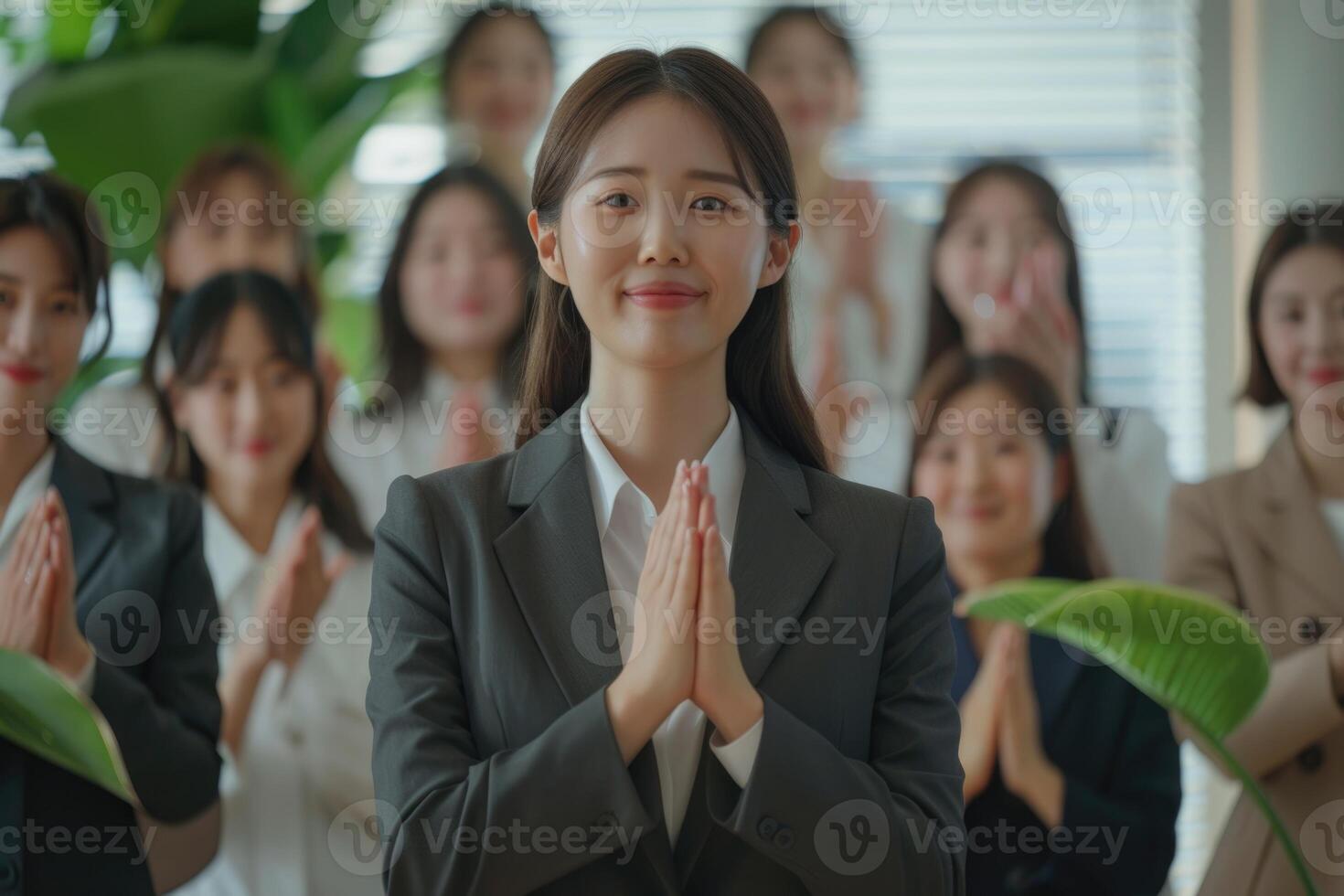 AI generated Asian businesswoman receives team appreciation and support for work. photo