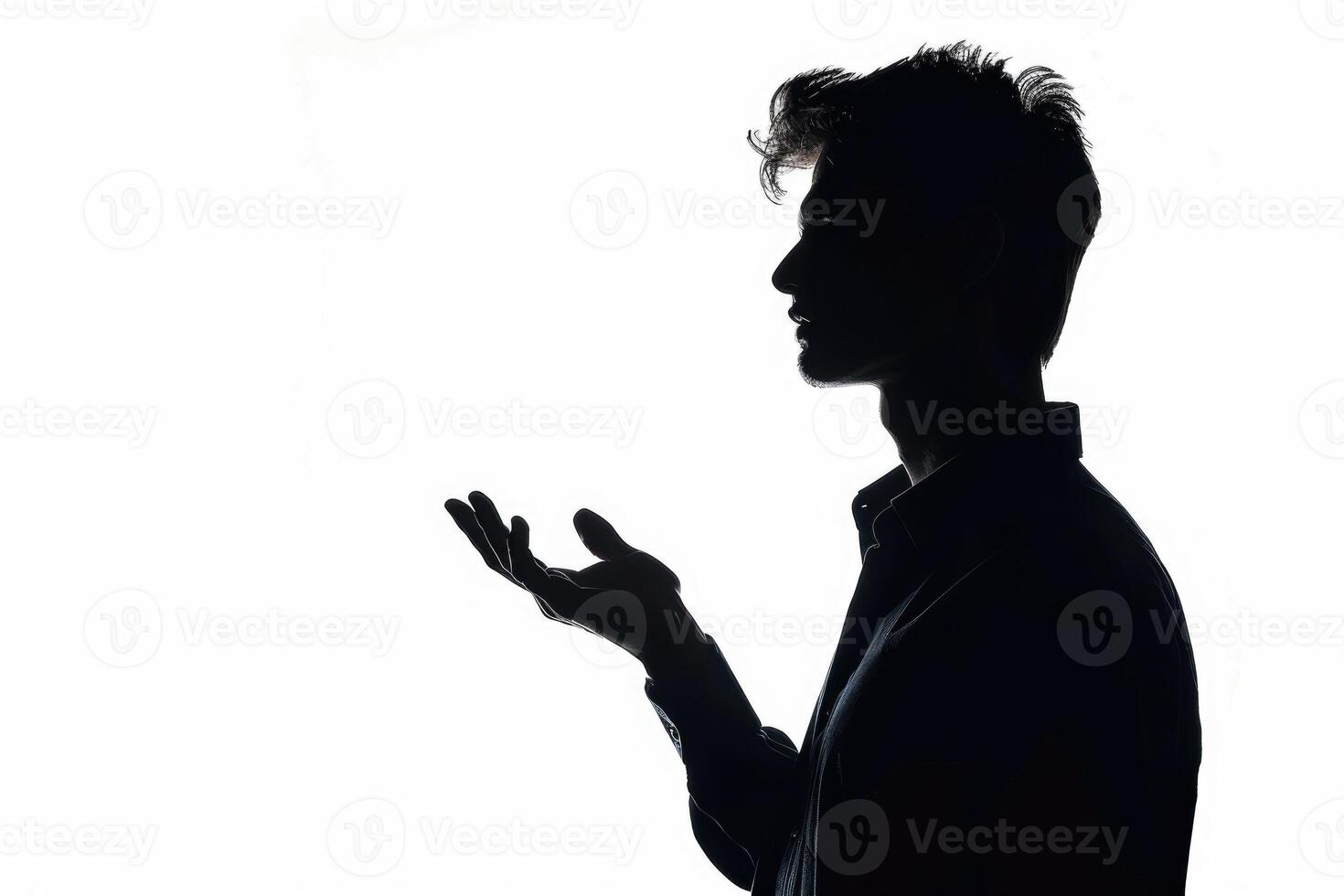 AI generated Silhouette of young man portrait in shirt with hand on studio isolated white background. Close up. photo