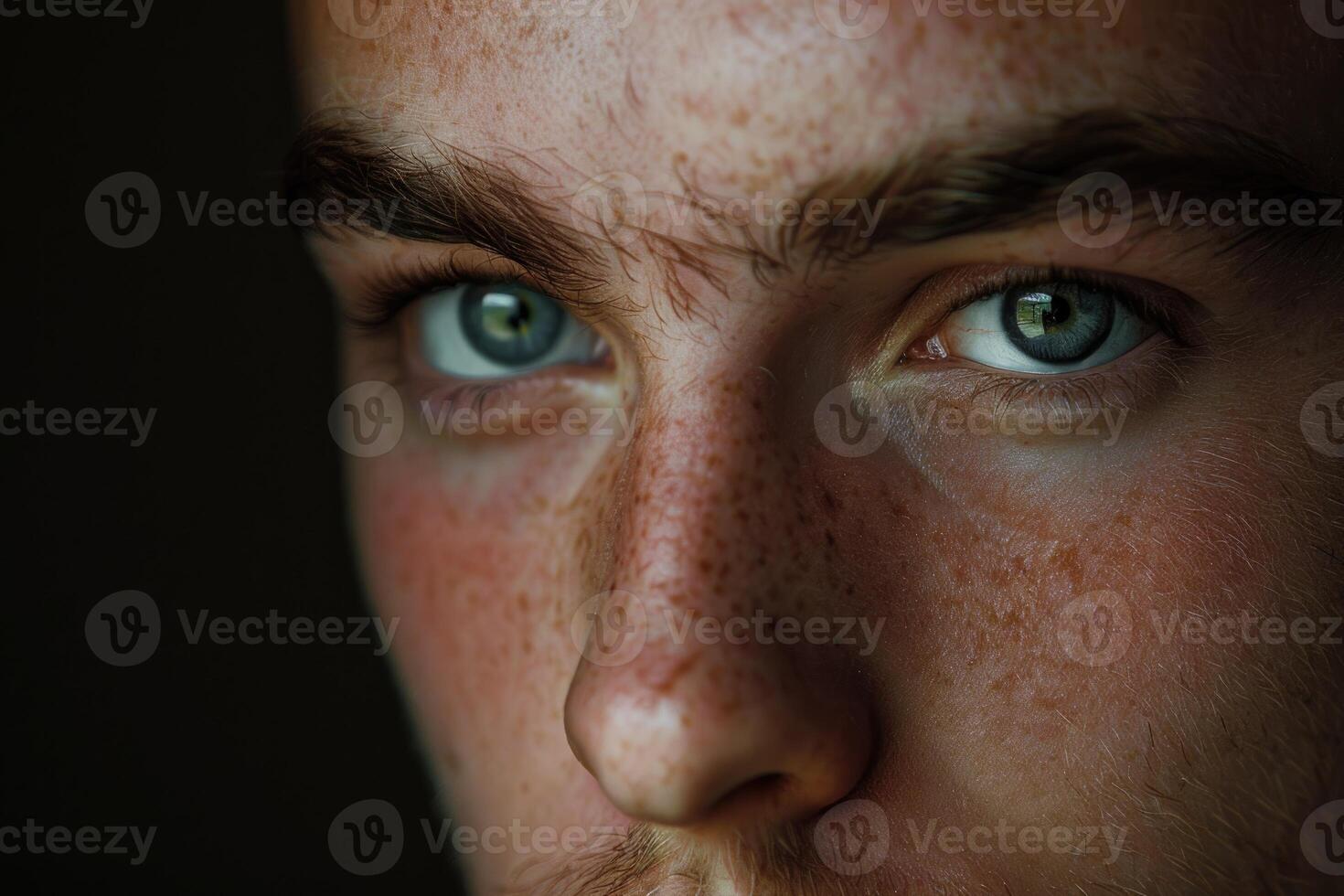 AI generated Young mans portrait. Close up face against black background photo