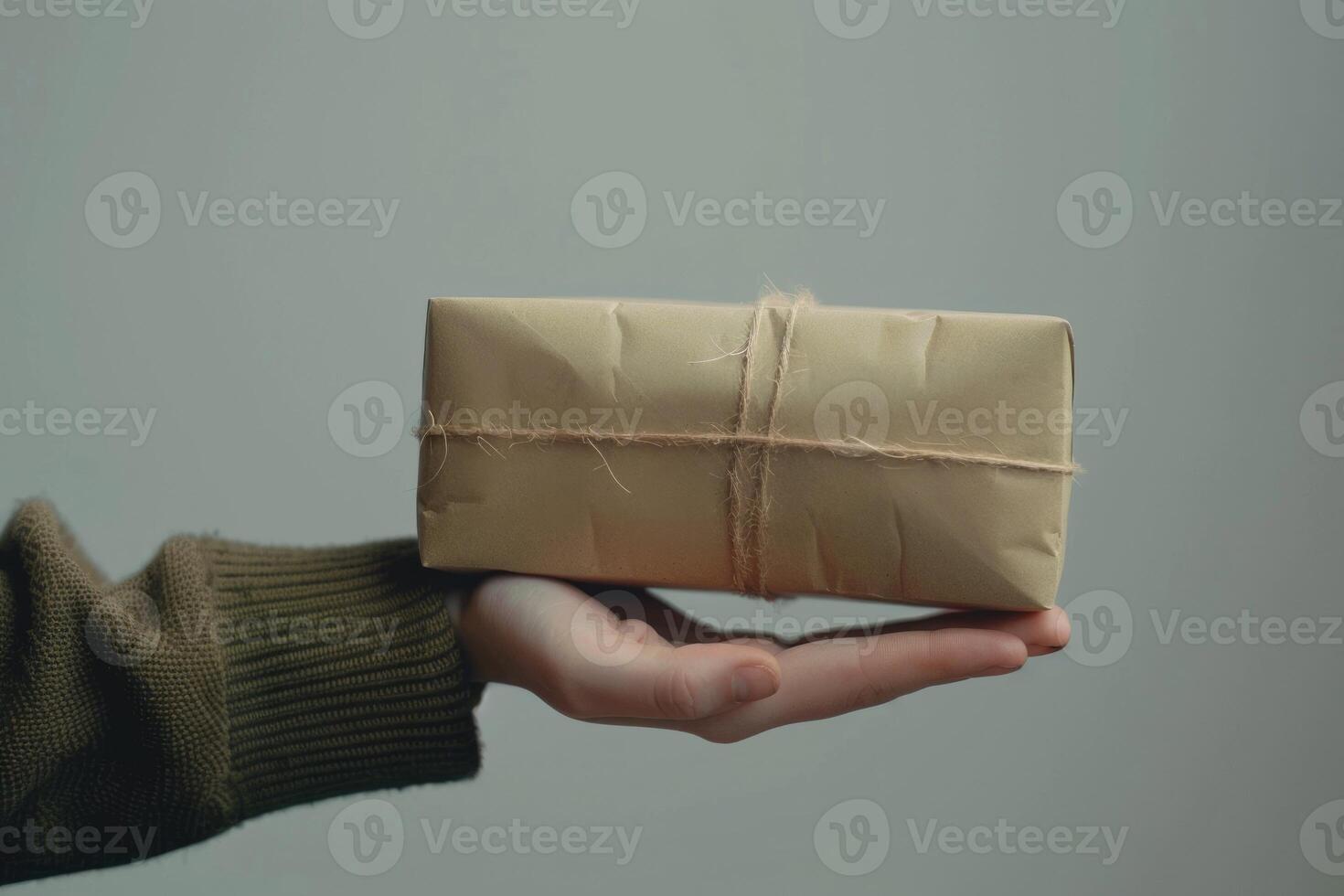 AI generated hand holding a package. Three different ways to give the package to someone photo