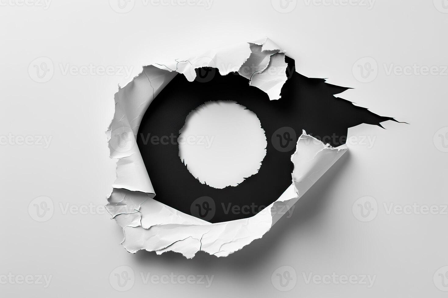 AI generated Black hole in white paper. Rip and torn concept. photo