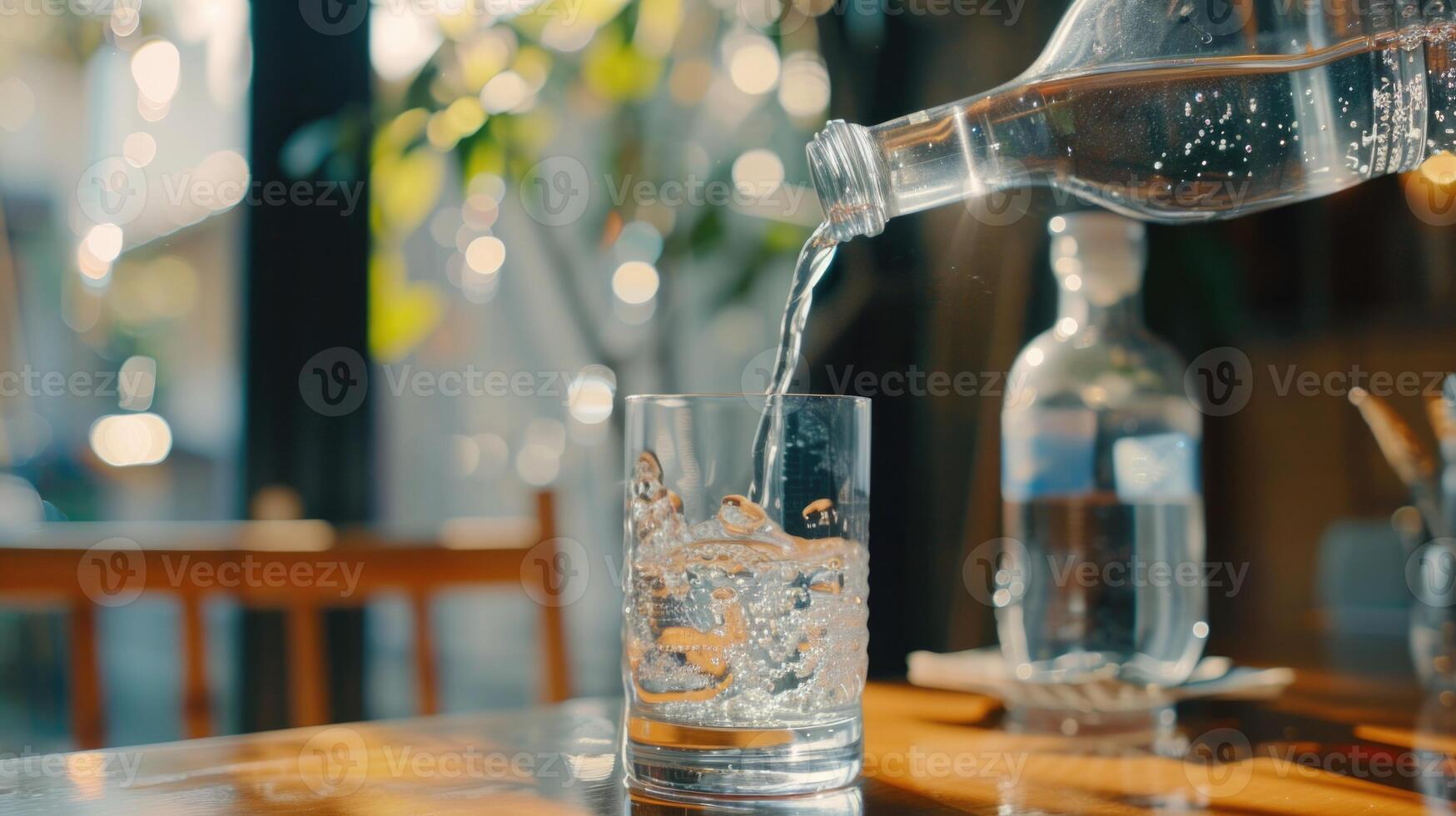 AI generated Close up pouring purified fresh drink water from the bottle on table in living room photo