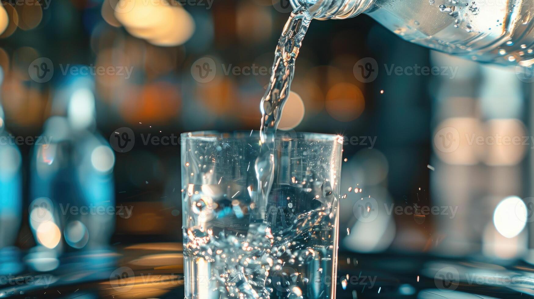 AI generated Close up pouring purified fresh drink water from the bottle on table in living room photo