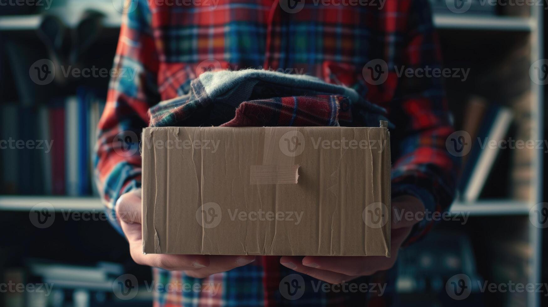 AI generated Man holding a book and clothes donate box. Donation concept. photo