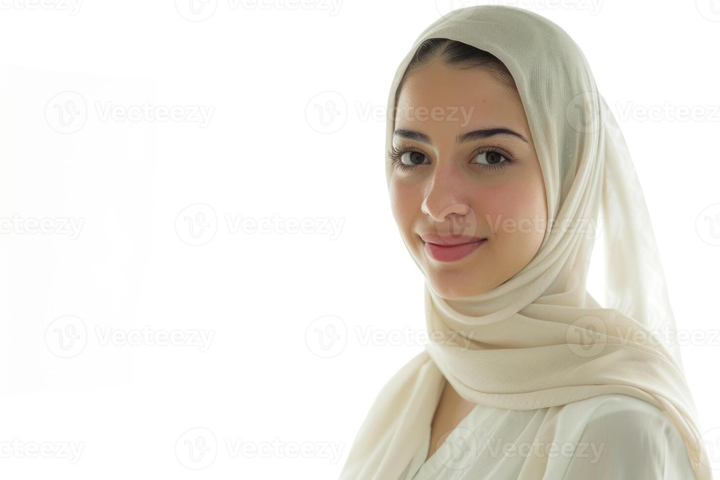 ai generado elegante musulmán mujer en Pañuelo con acogedor sonrisa. foto